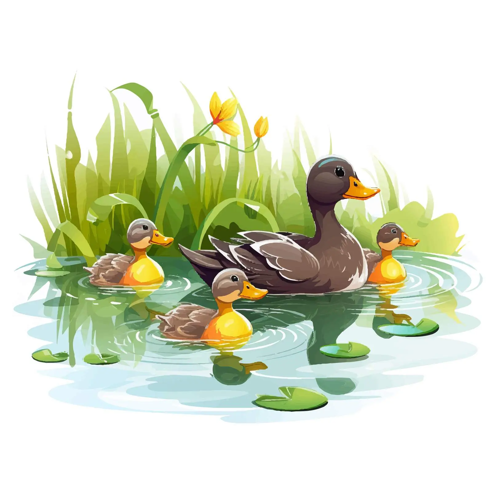 Cartoon Ducks and Ducklings in a Pond — free download from Dotvec