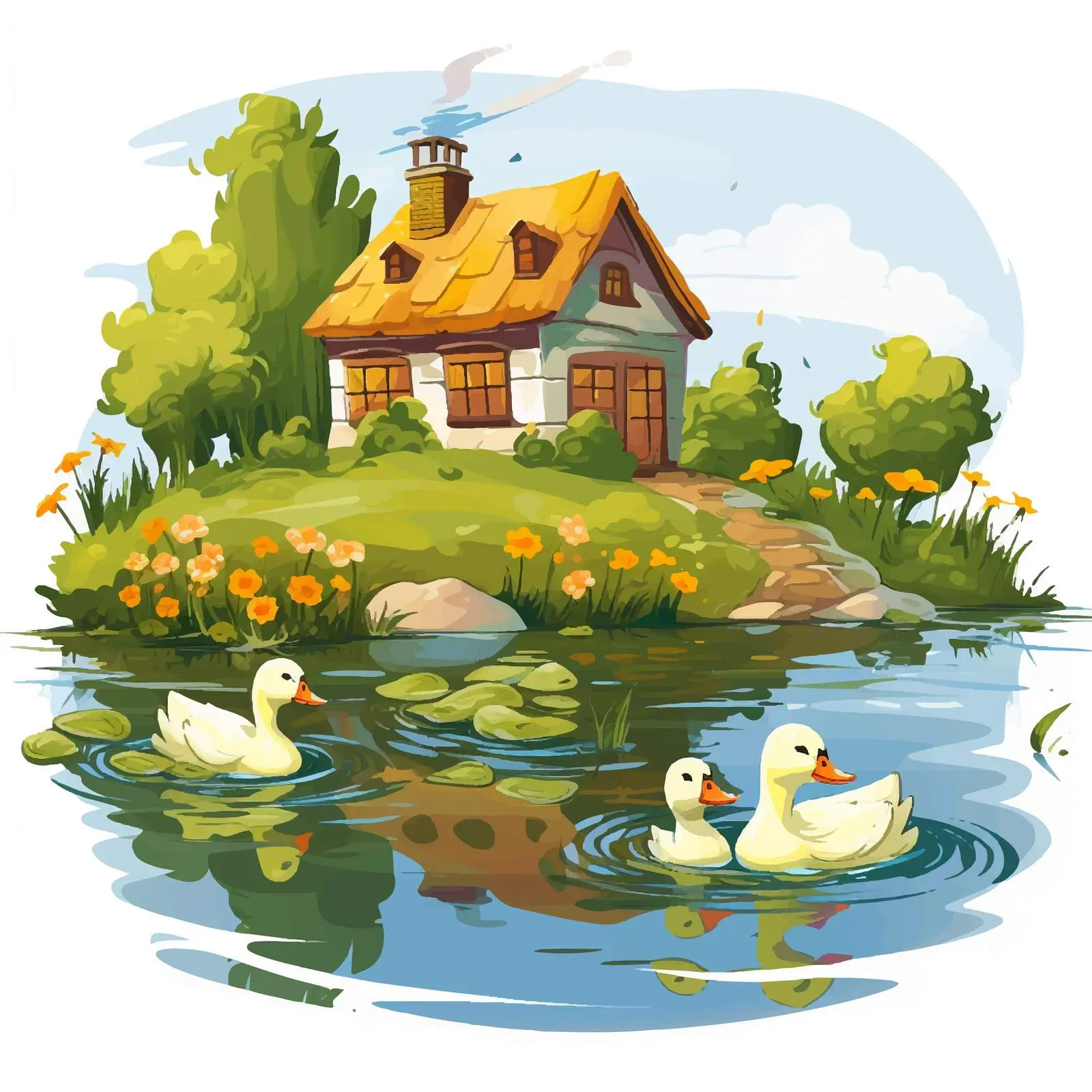 Ducks Swimming by Hillside House Vector Art — free download from Dotvec