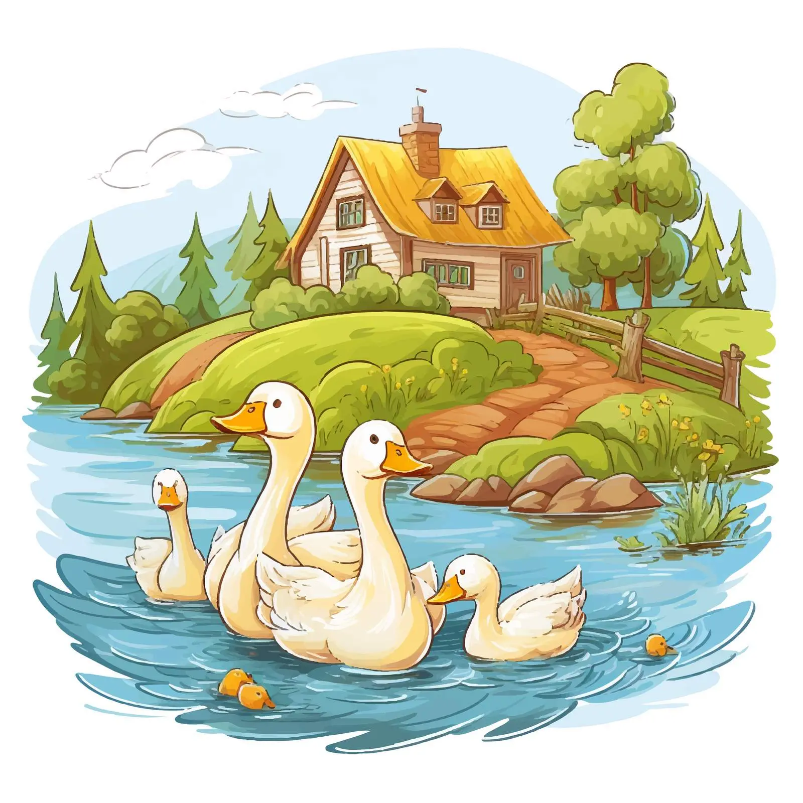 Charming Hillside House with Ducks in Water — free download from Dotvec