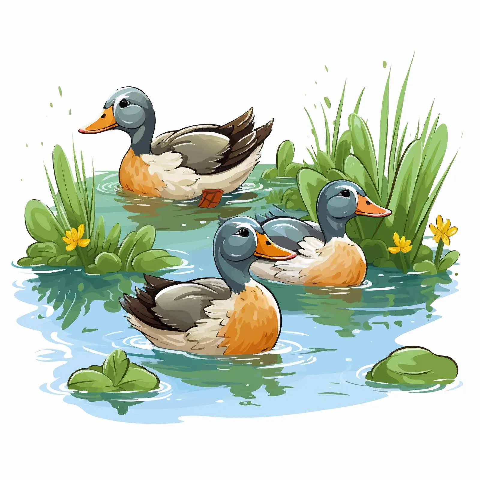 Cartoon Ducks in a Serene Pond Illustration — free download from Dotvec