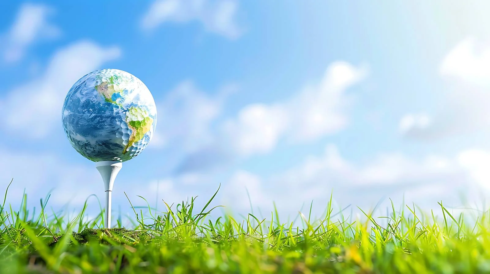 Earth-themed golf ball on tee with sky — free download from Dotvec