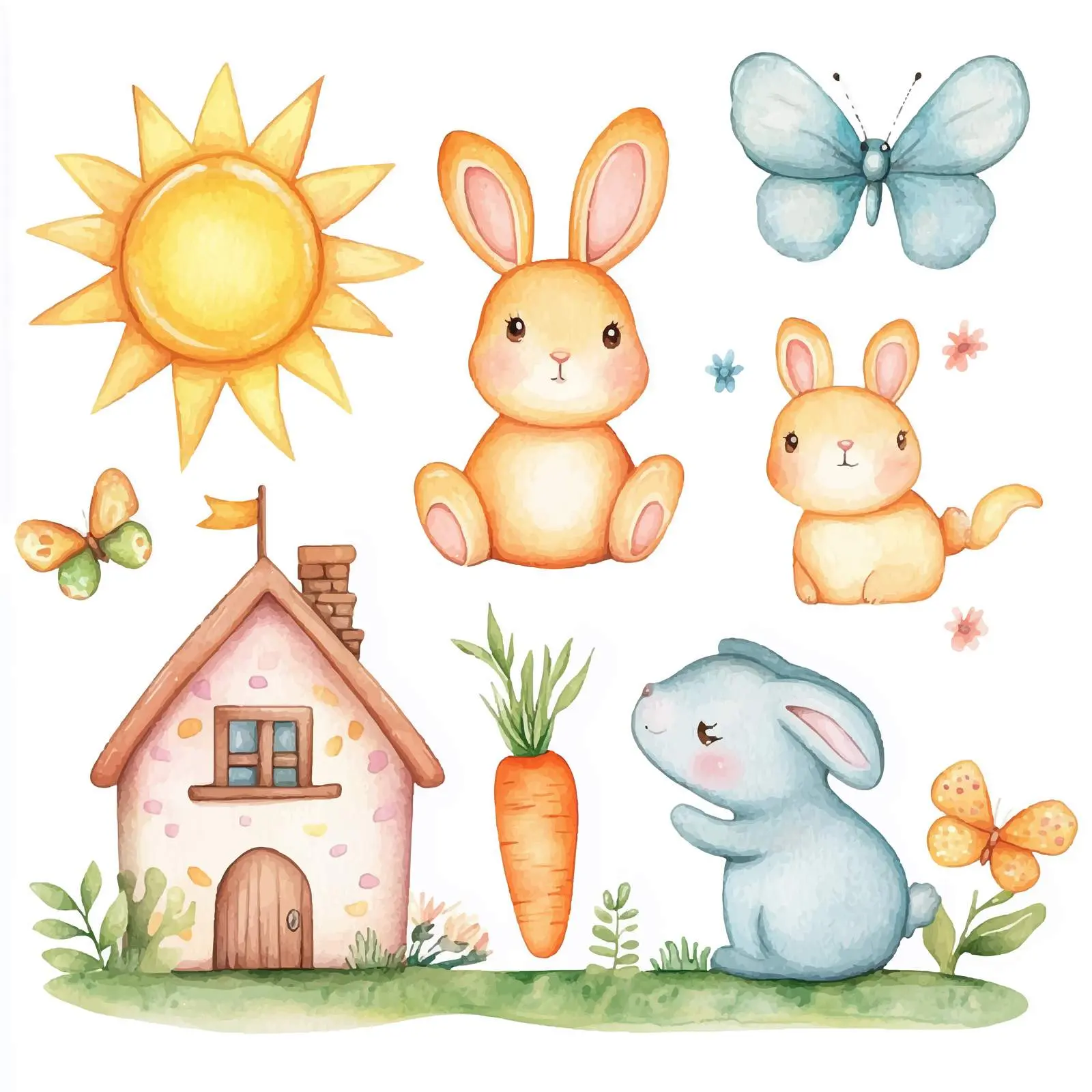 Easter Bunnies and Butterflies in a Colorful Garden – free carrot image from Dotvec