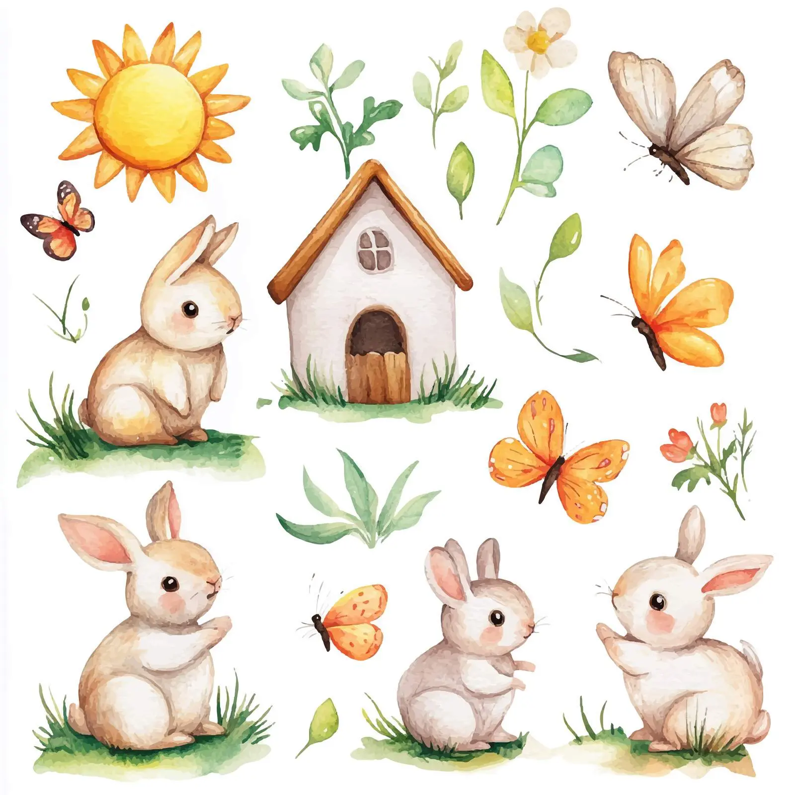 Easter Bunnies with Butterflies and Flowers – free carrot image from Dotvec
