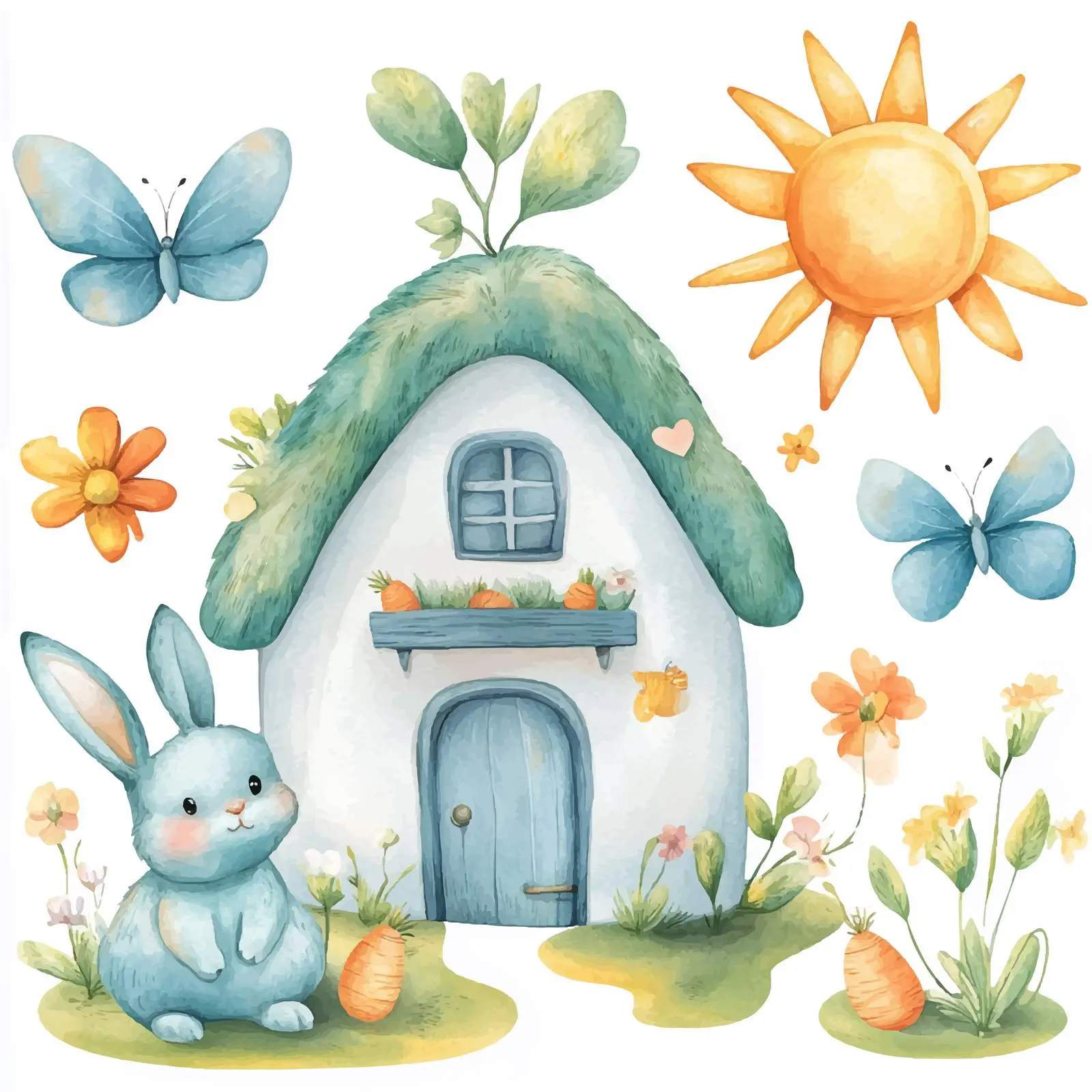 Easter Bunnies and Butterflies in a Garden Scene – free carrot image from Dotvec