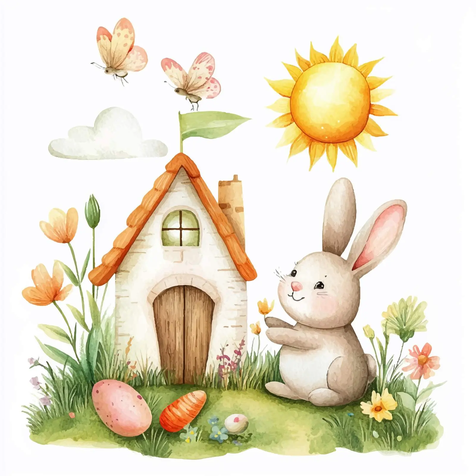 Easter Bunnies and Butterflies in a Garden Scene – free carrot image from Dotvec