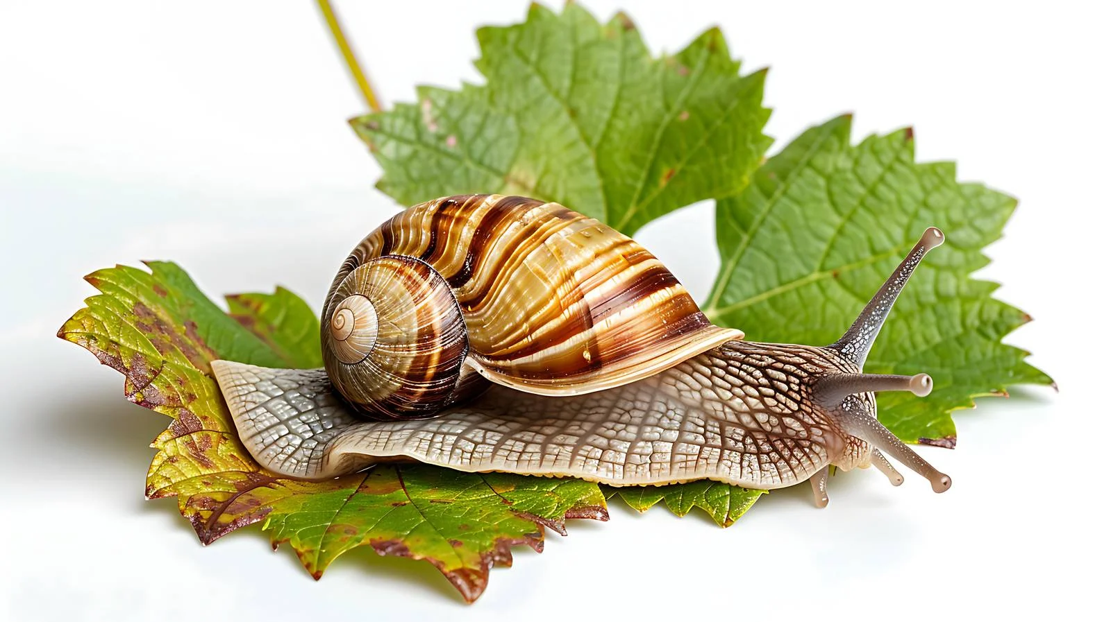 Gourmet Snail on Grape Leaves Close-up — free download from Dotvec