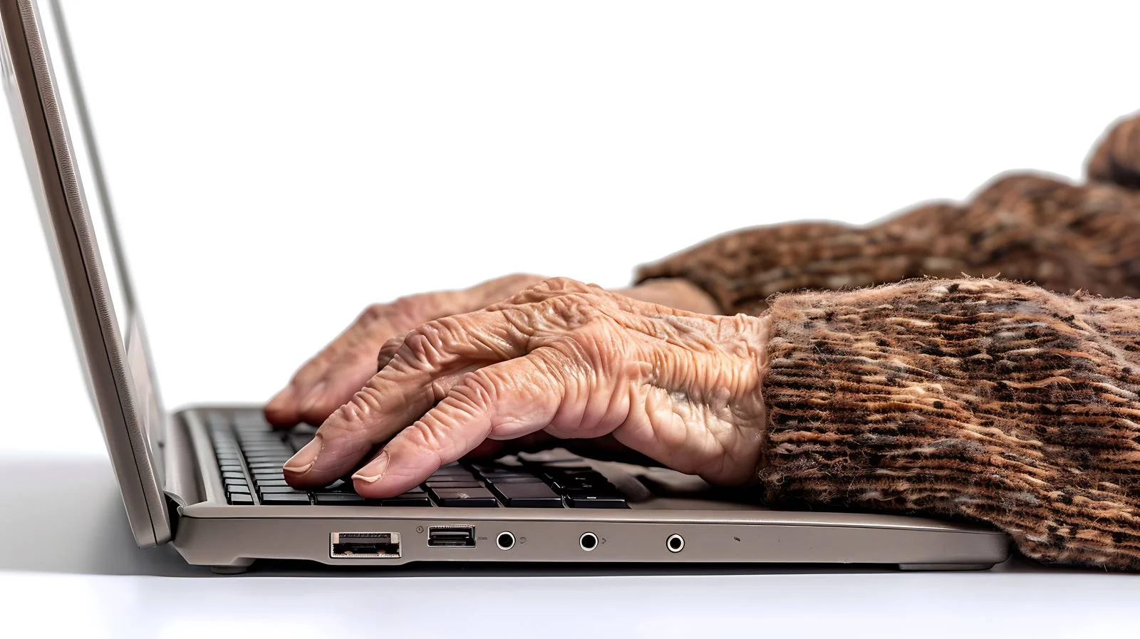 Senior woman typing on laptop keyboard — free download from Dotvec