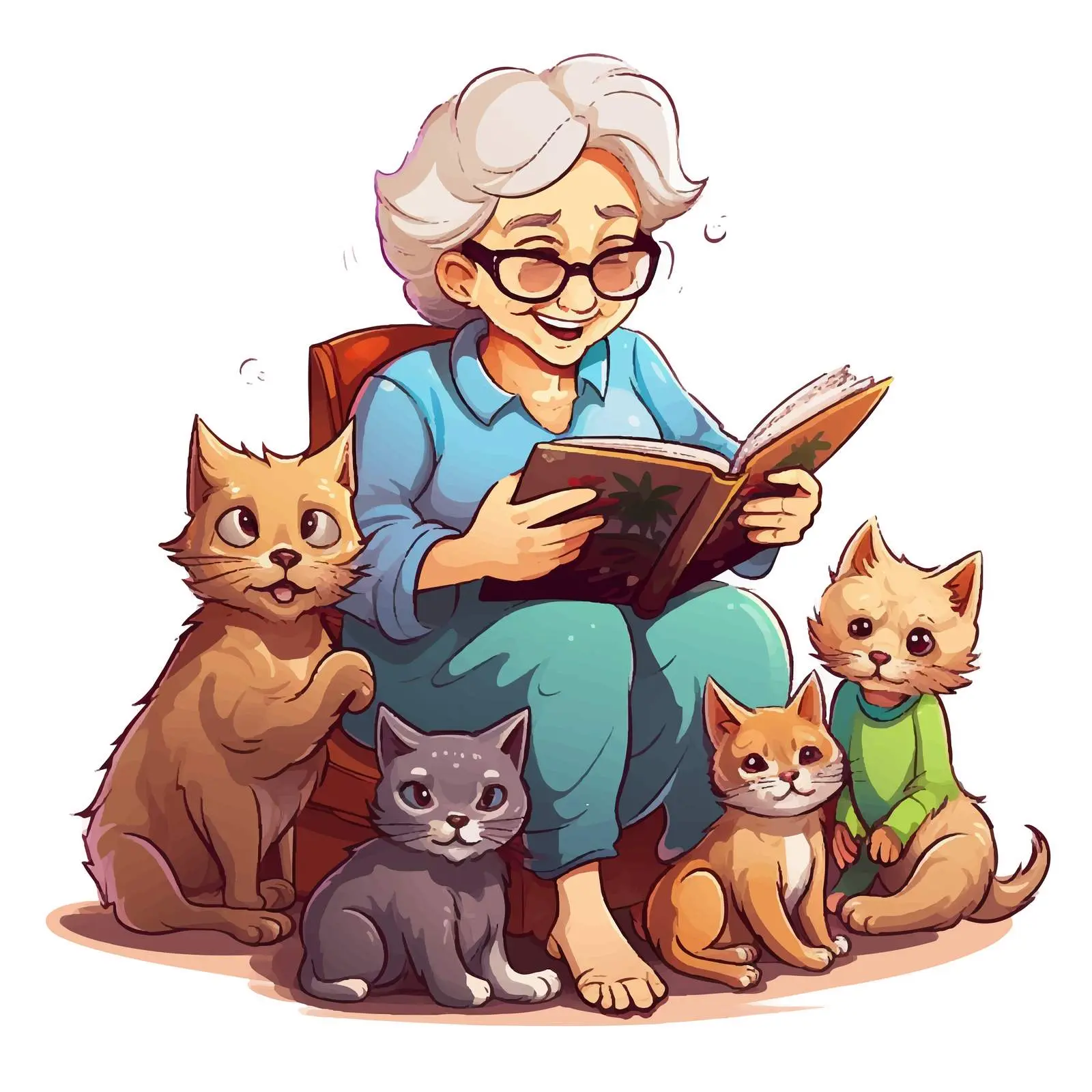 Elderly Woman Reading with Cat and Dogs Vector — free download from Dotvec