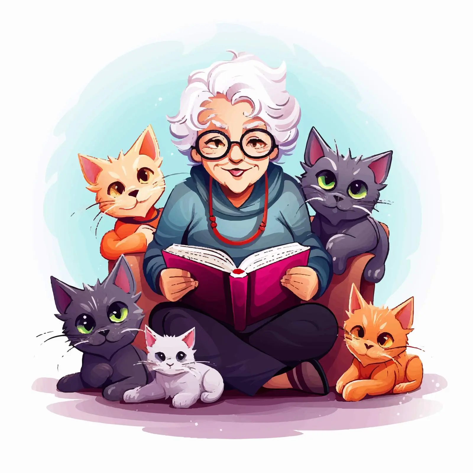 Elderly Woman Reading with Cat and Dogs Vector — free download from Dotvec