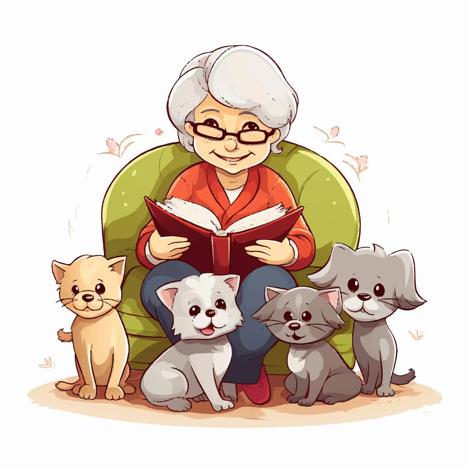 Elderly Woman Reading with Pets Vector Illustration — free download from Dotvec