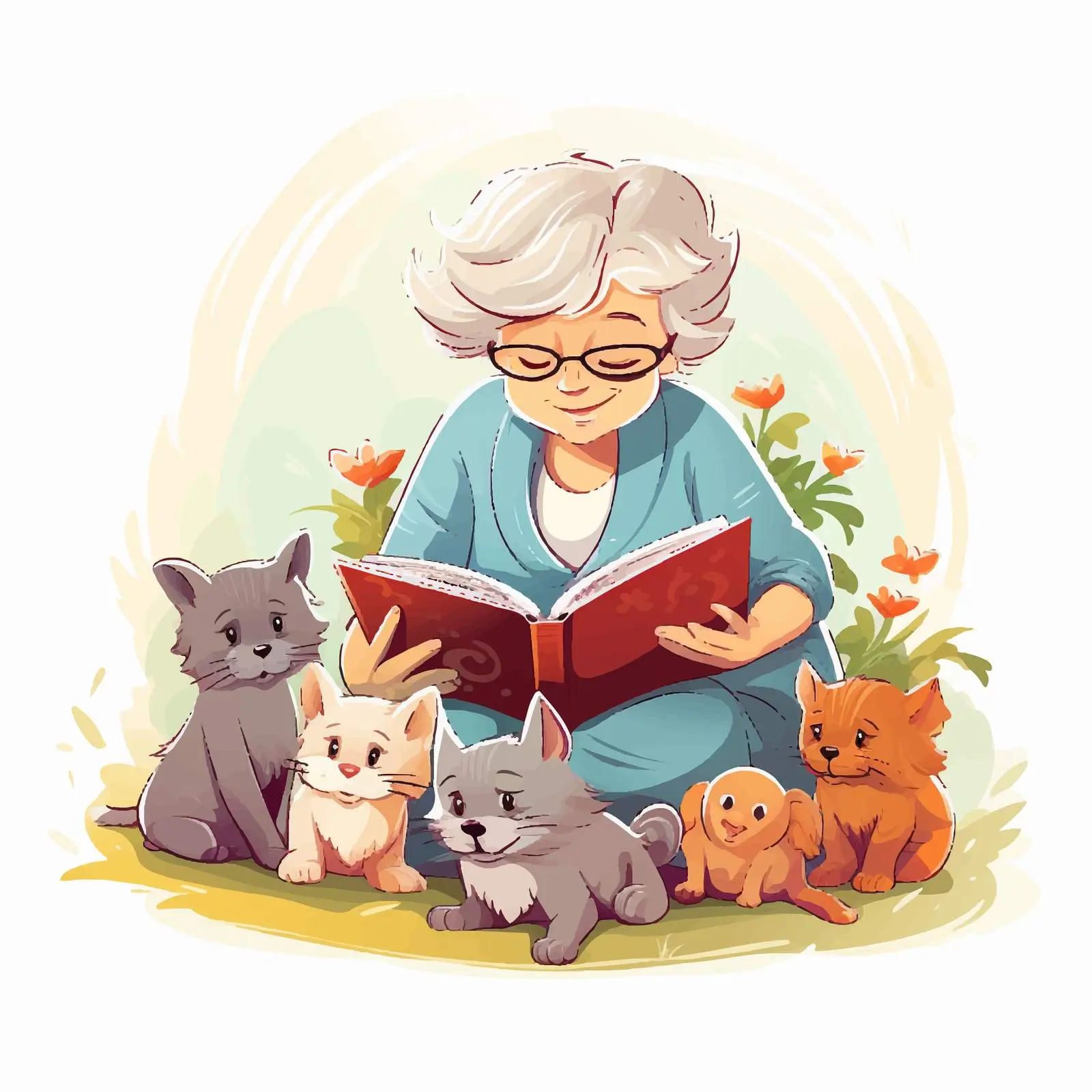 Elderly Woman Reading with Cat and Dogs Vector – free elderly woman image from Dotvec