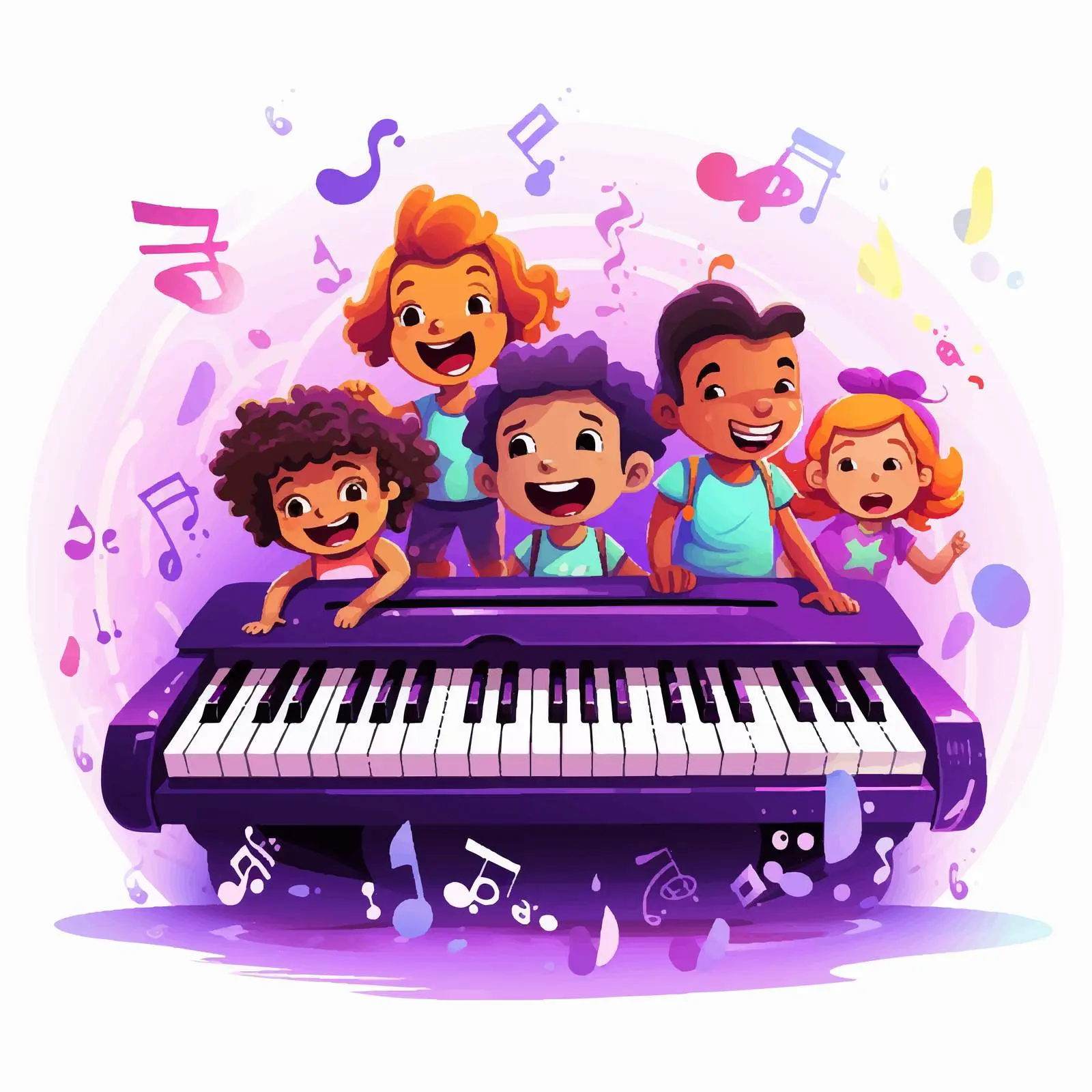 Joyful Kids Playing Electronic Keyboard with Music Symbols – free kiddie fun image from Dotvec