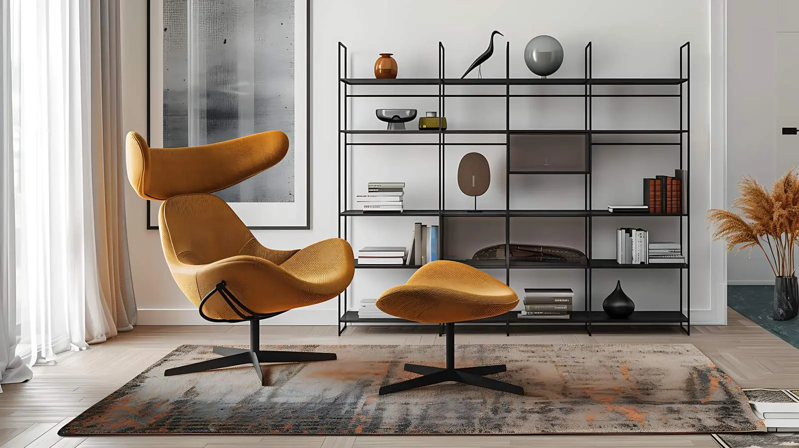 Elegant Modern Lounge Chair with Carpet and Shelf — free download from Dotvec