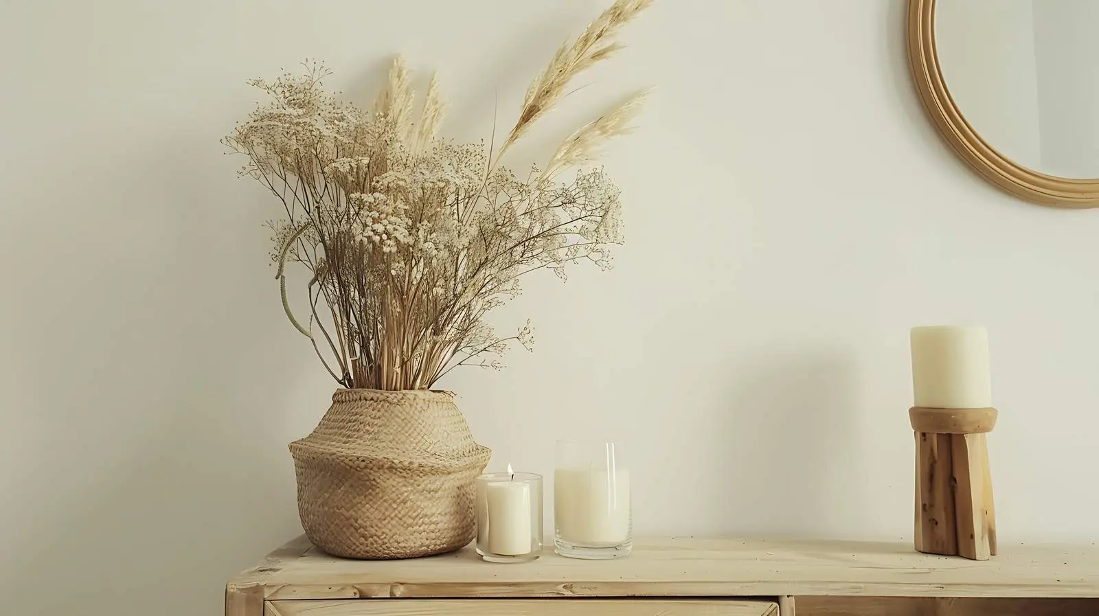 Elegant Wooden Console with Dried Flowers and Candles — free download from Dotvec