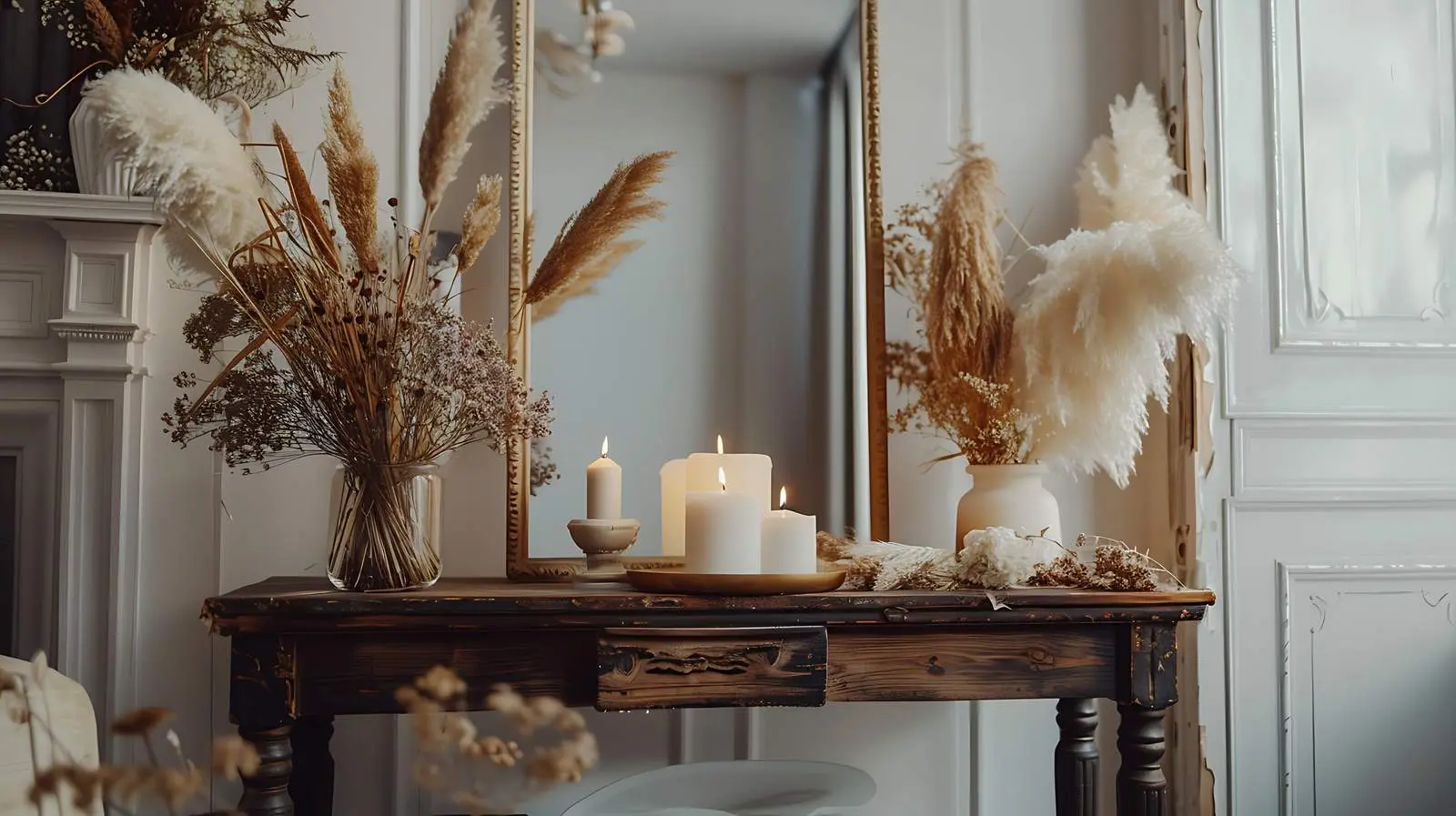 Elegant Wooden Console with Dried Flowers and Candles — free download from Dotvec