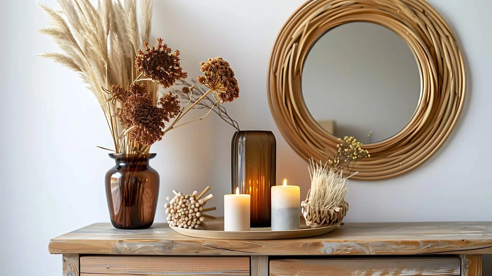 Elegant Wooden Console with Dried Flowers and Candles — free download from Dotvec