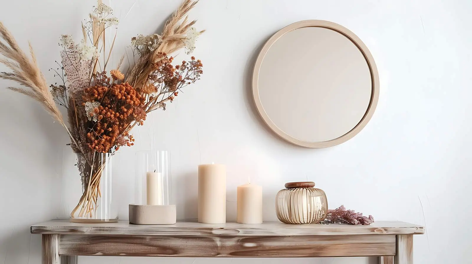 Elegant Wooden Console with Dried Flowers and Candles — free download from Dotvec