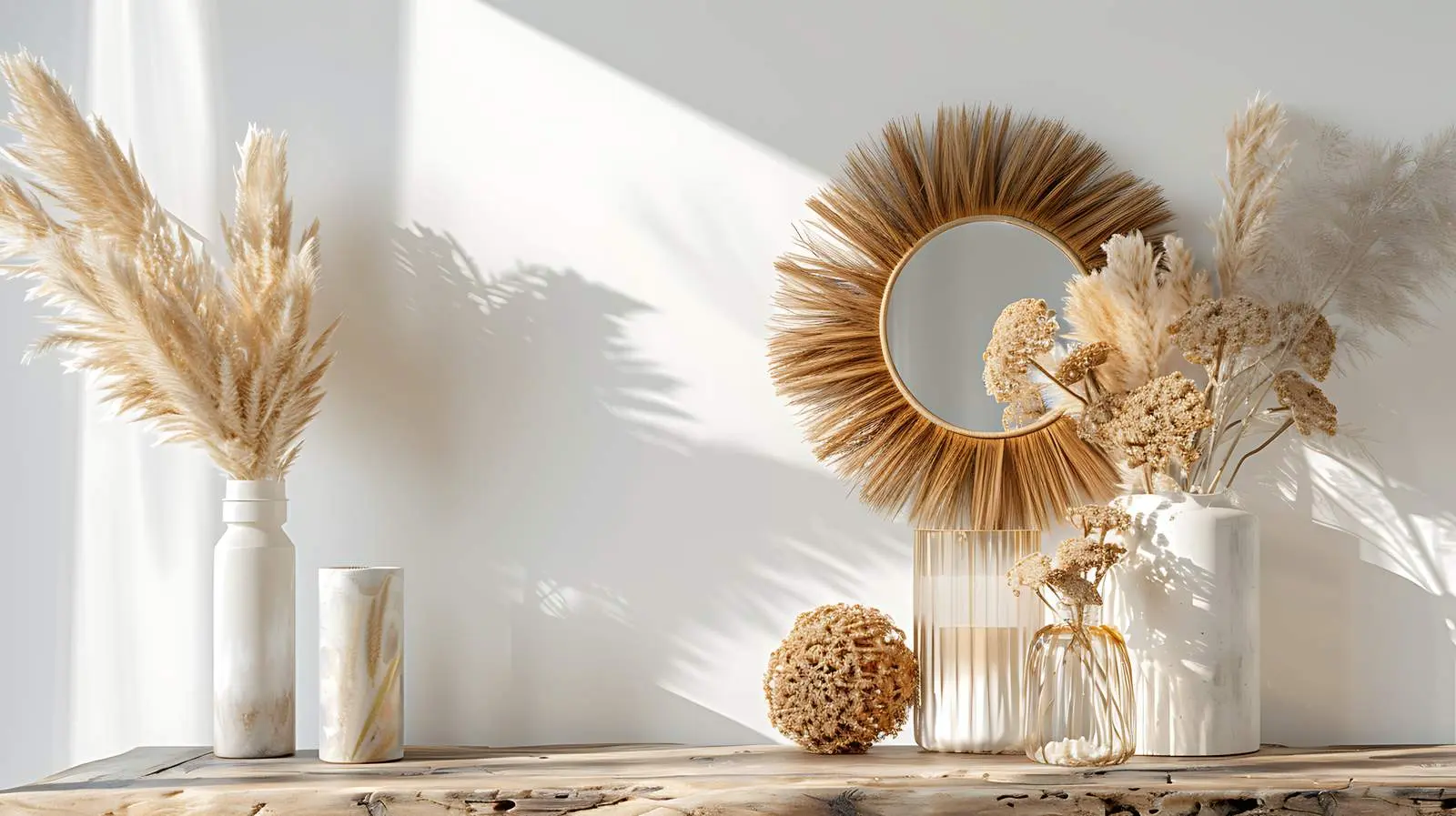 Elegant Wooden Console with Dried Flowers and Mirror – free artful arrangement image from Dotvec