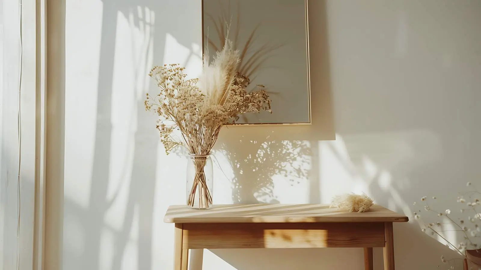 Elegant Wooden Console with Dried Flowers and Mirror — free download from Dotvec