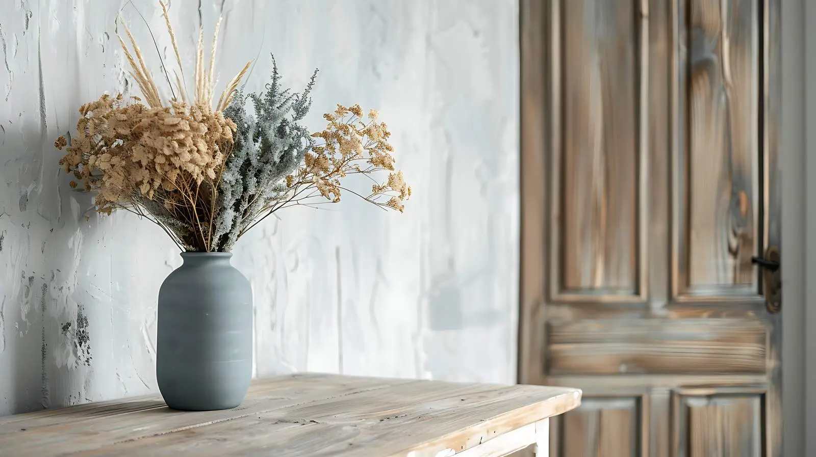 Elegant Wooden Table with Dried Flower Bouquet — free download from Dotvec
