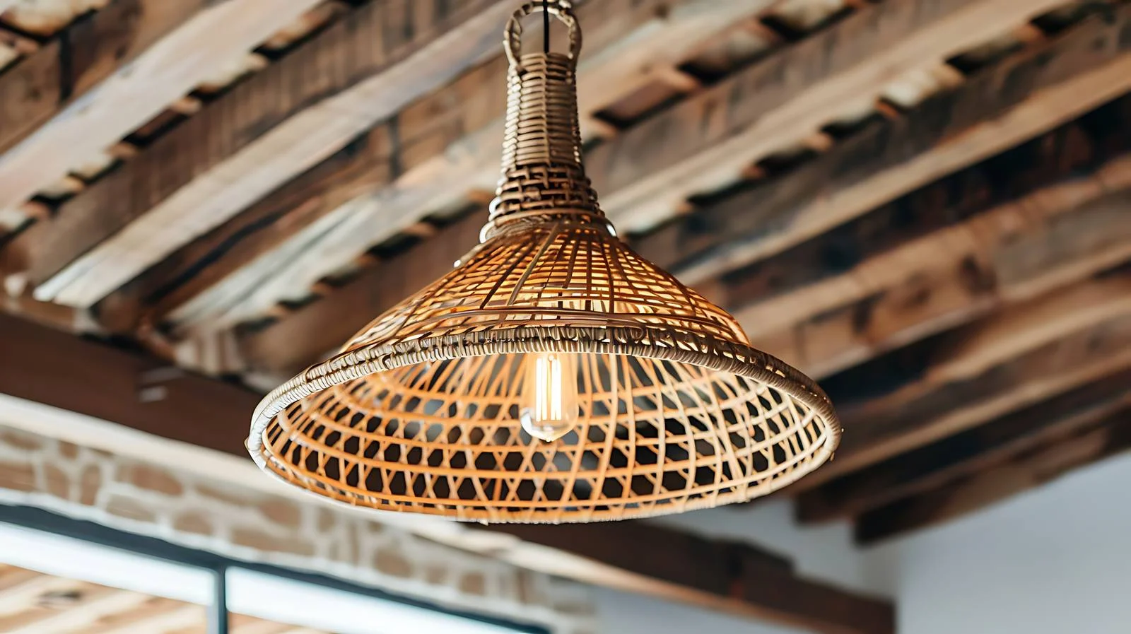 Graceful wicker lamp hangs from rustic wood — free download from Dotvec