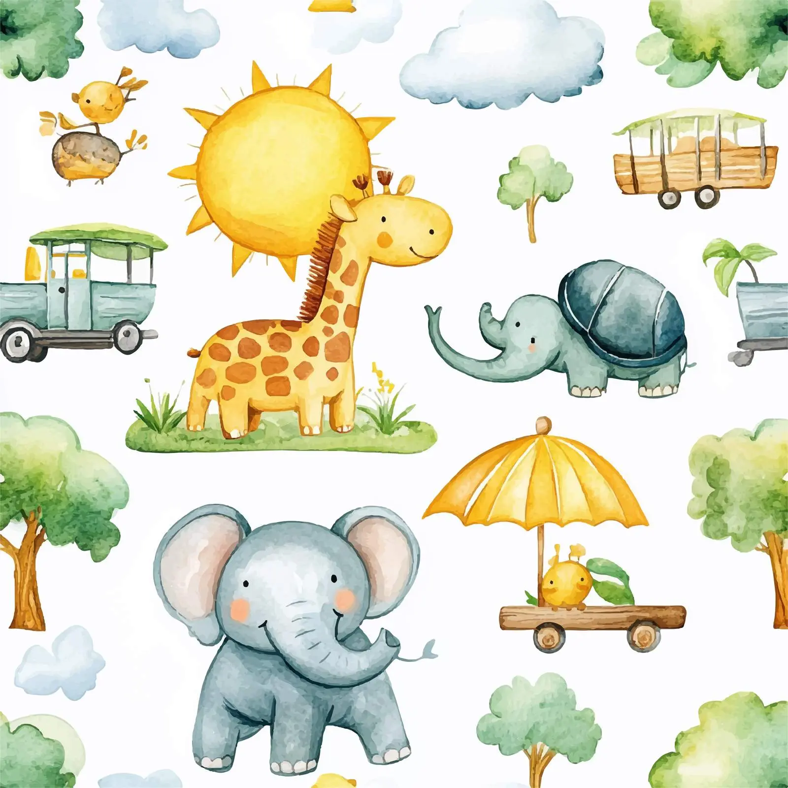 Fun Animal Train Illustration with Sun Background – free rhinoceros image from Dotvec