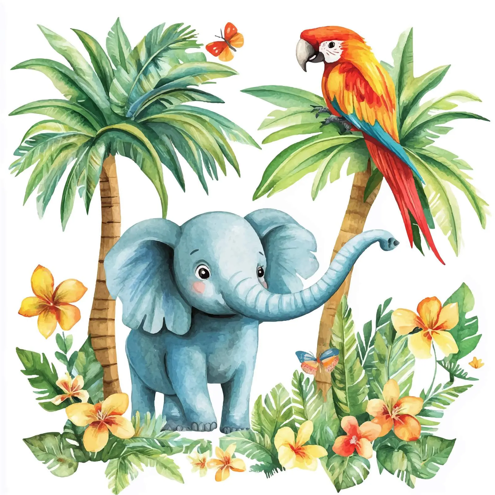 Tropical Watercolor with Elephant and Parrot – free america image from Dotvec
