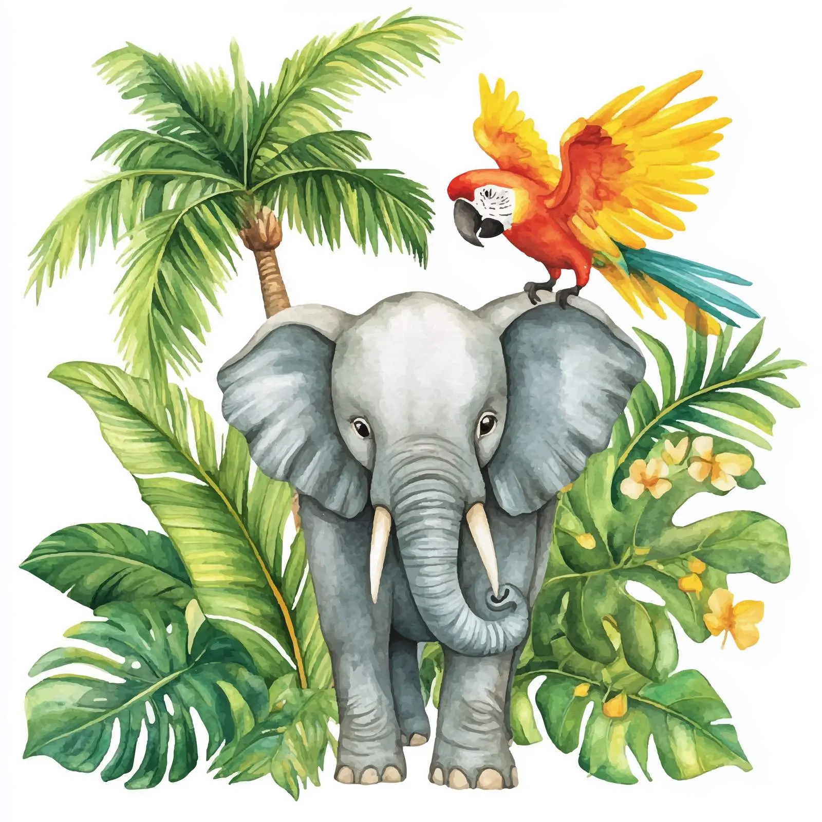 Tropical Watercolor: Elephant and Parrot Scene — free download from Dotvec