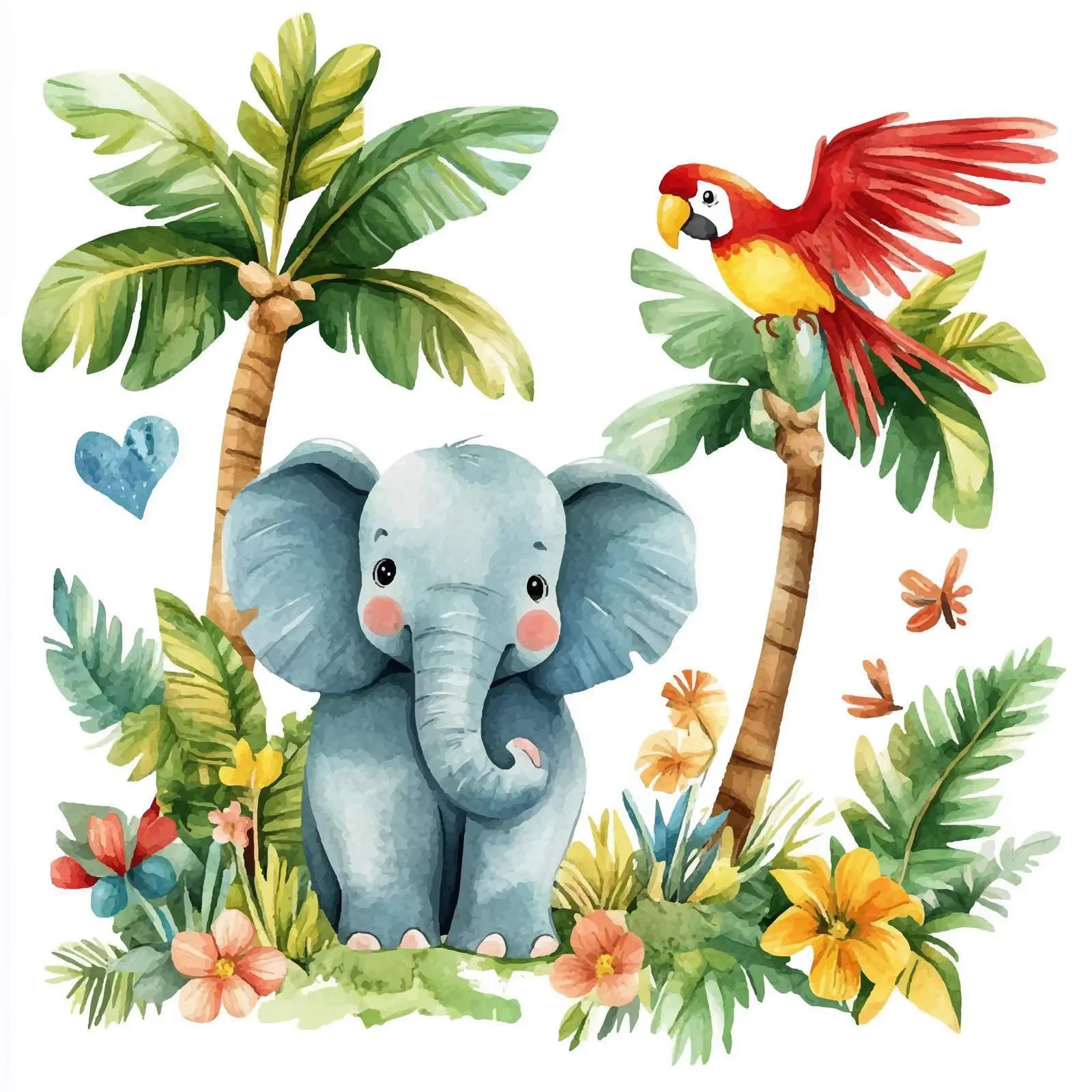 Tropical Watercolor Elephant and Parrot Art — free download from Dotvec