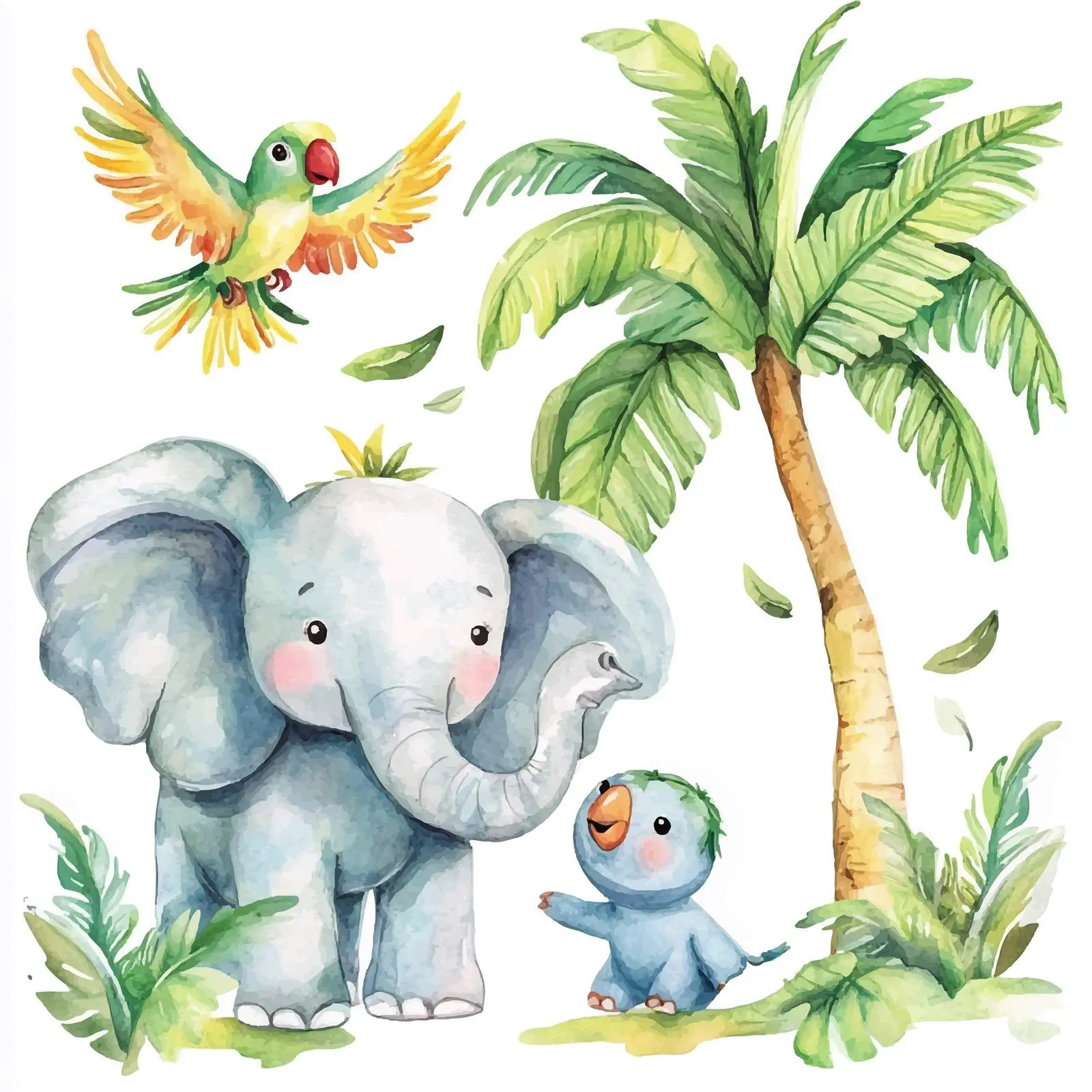 Tropical Watercolor with Elephant and Parrot — free download from Dotvec