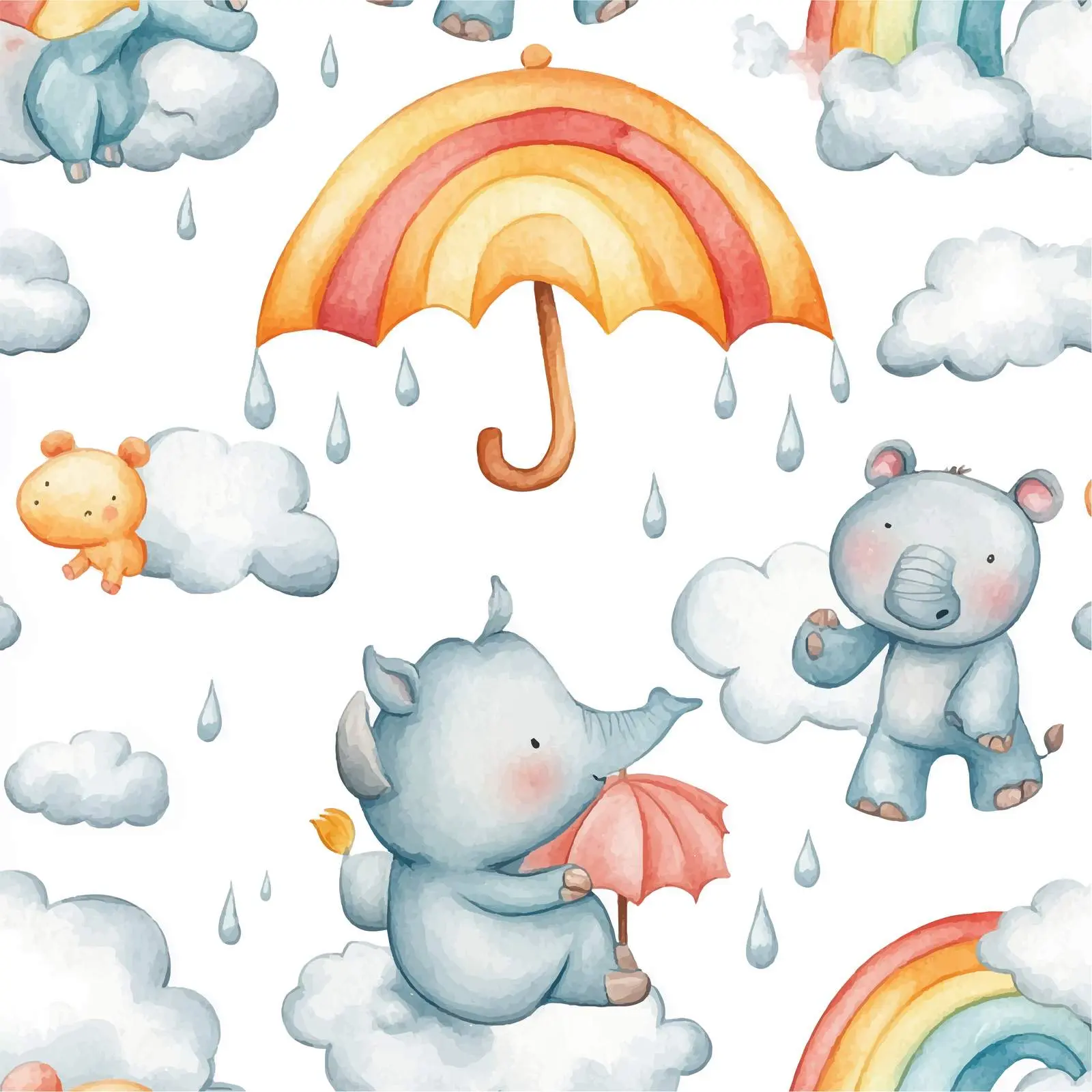 Whimsical Watercolor Elephant and Rhinoceros Illustration – free umbrella image from Dotvec