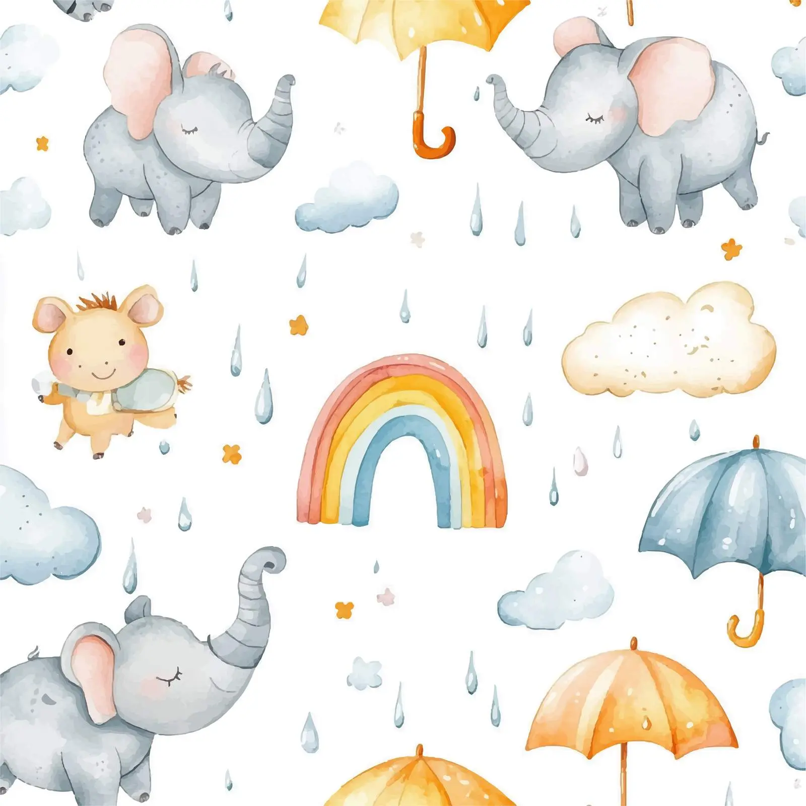Whimsical Watercolor Elephant and Rhinoceros Art – free umbrella image from Dotvec