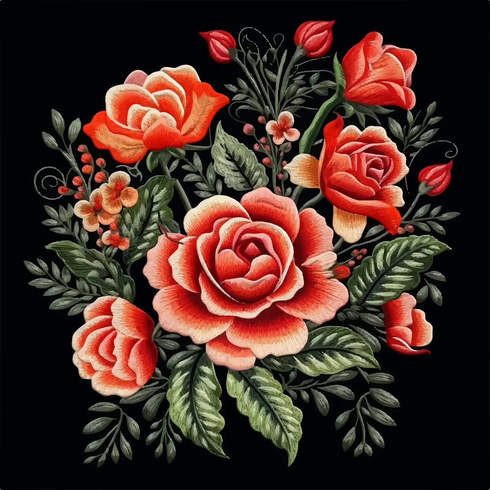 Embroidered Roses and Leaves Vector Design — free download from Dotvec