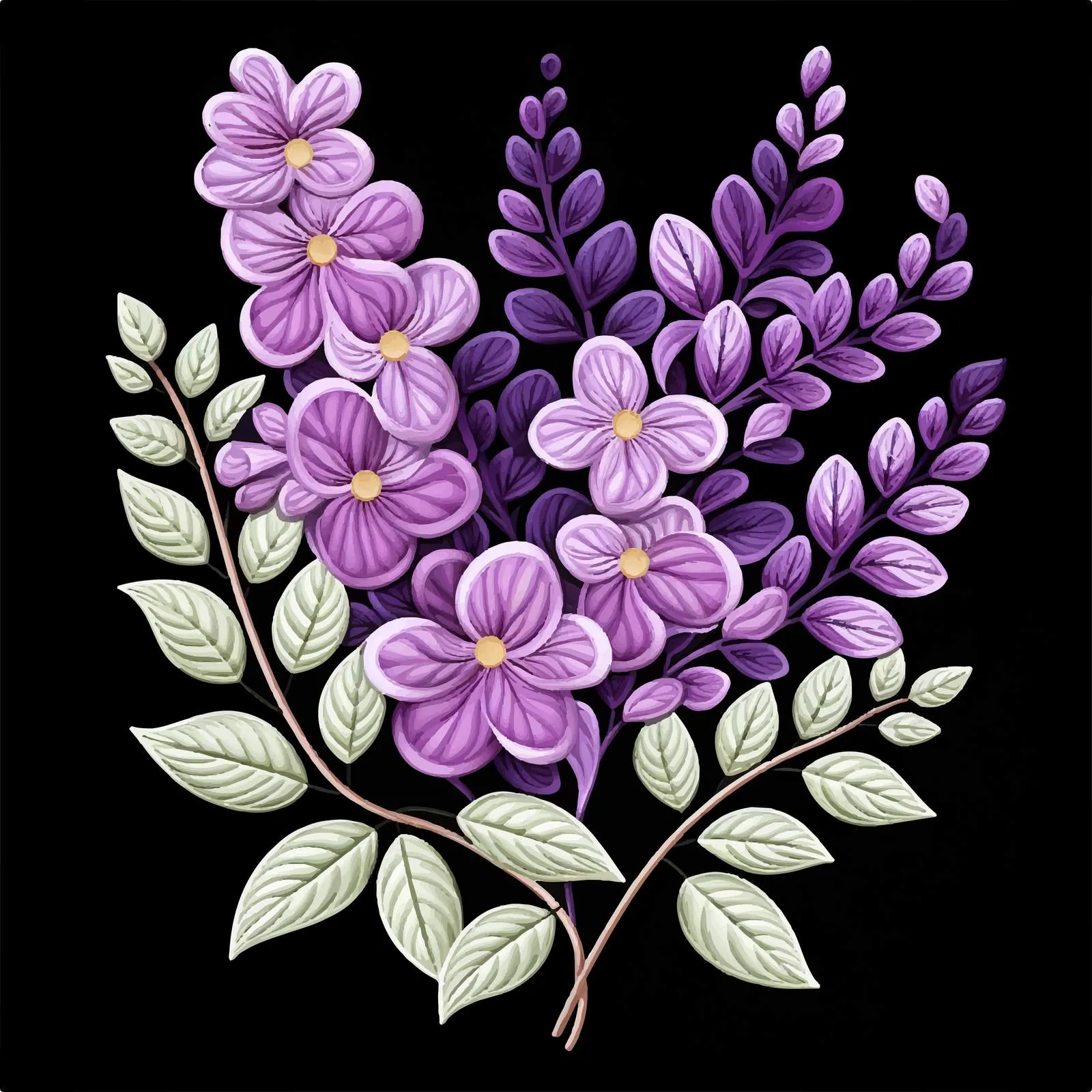 Embroidered Lilac Flowers Branch Vector Art — free download from Dotvec
