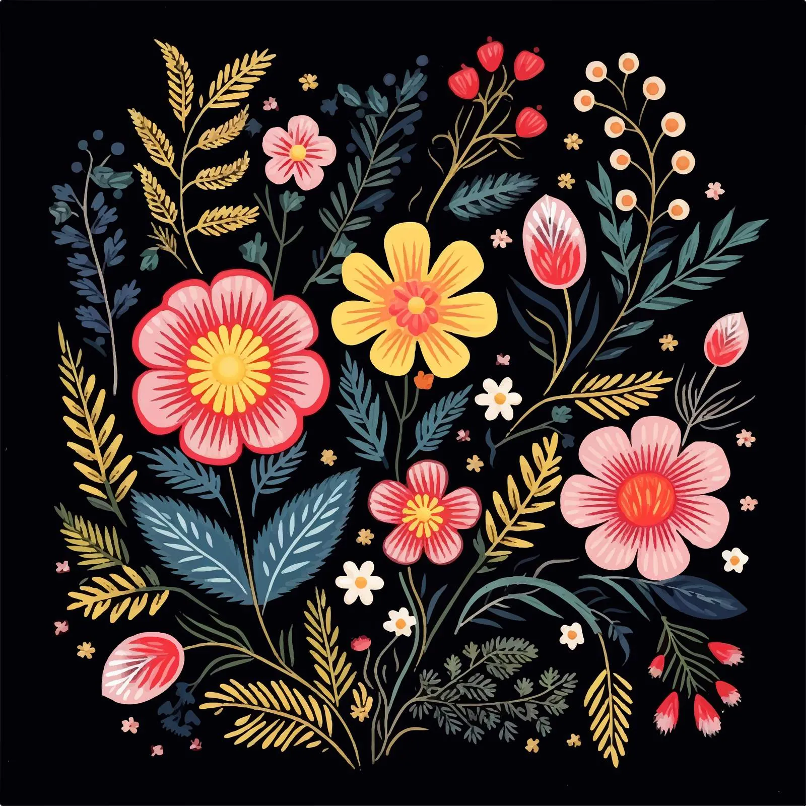 Embroidered Floral Composition with Wild and Garden Flowers — free download from Dotvec