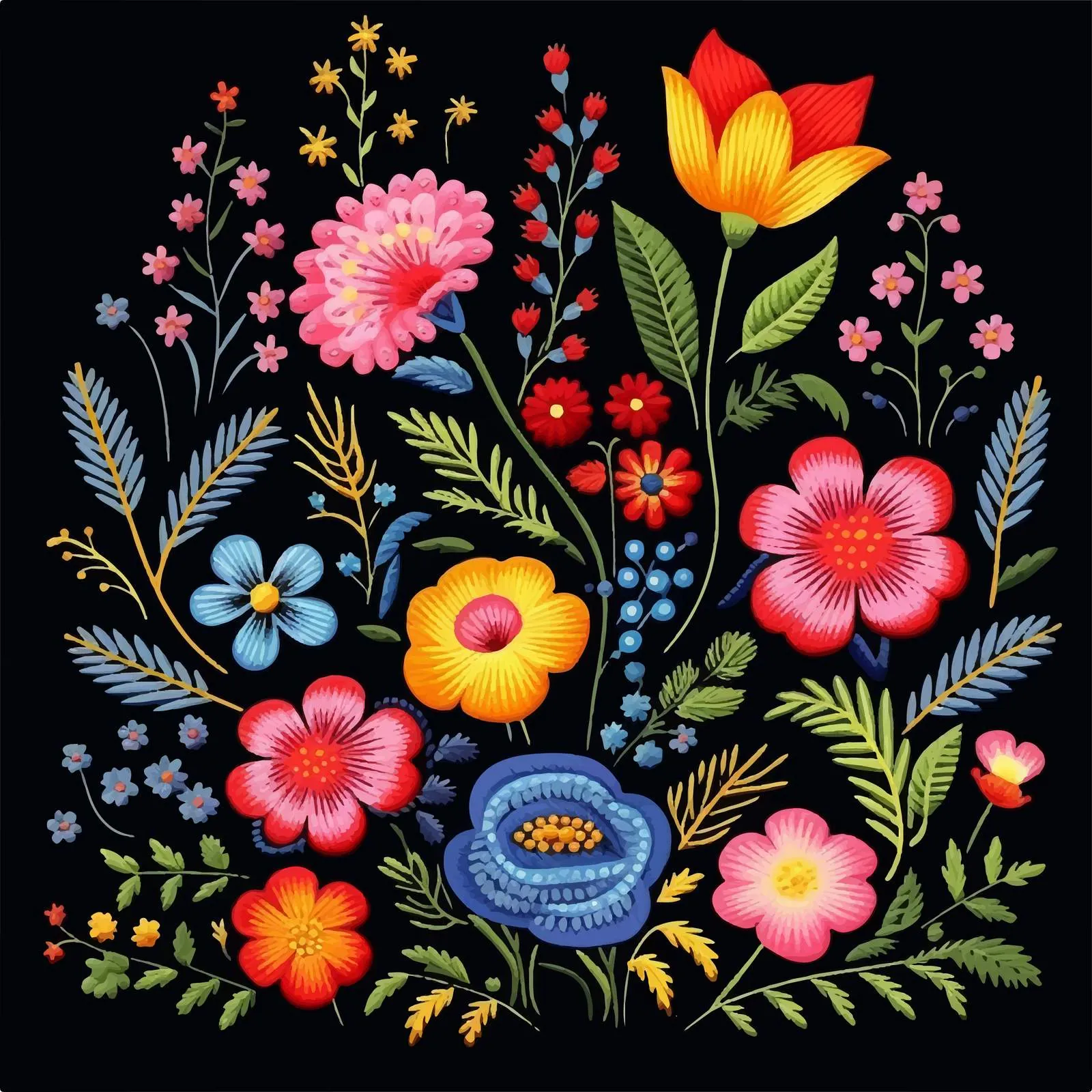 Embroidered Floral Composition with Garden Flowers — free download from Dotvec