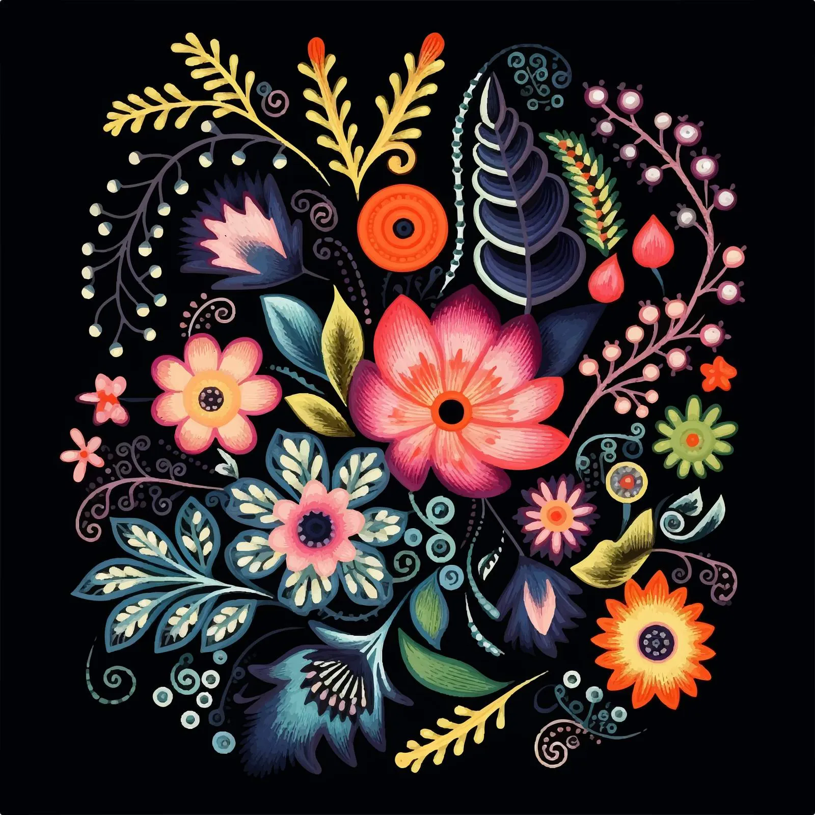 Embroidered Floral Composition with Wild and Garden Flowers — free download from Dotvec
