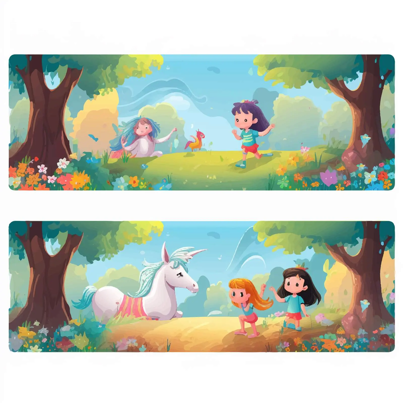 Kids Playing with Unicorns in Forest Illustration — free download from Dotvec