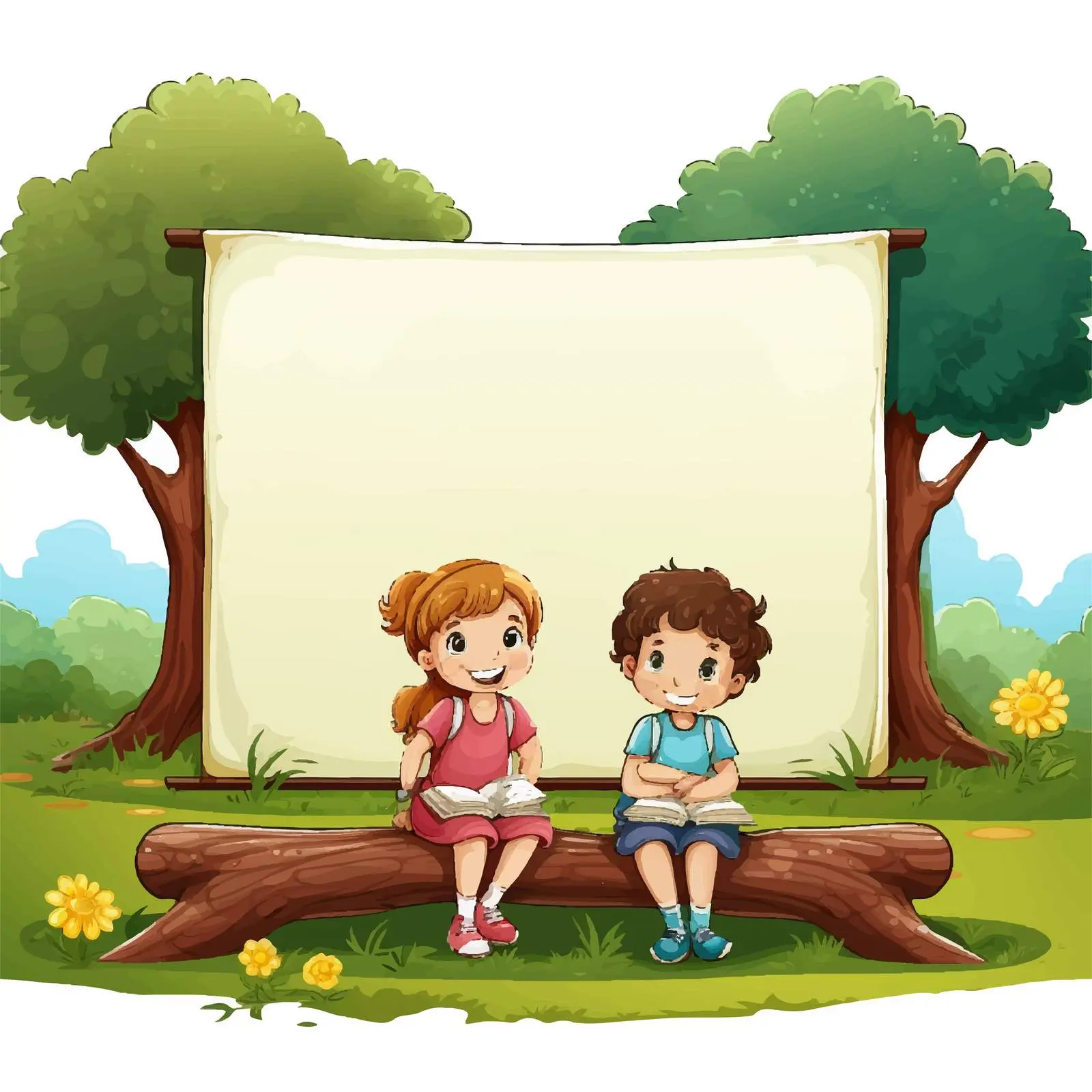 Kids Reading Book in Nature with Blackboard – free outdoor learning image from Dotvec