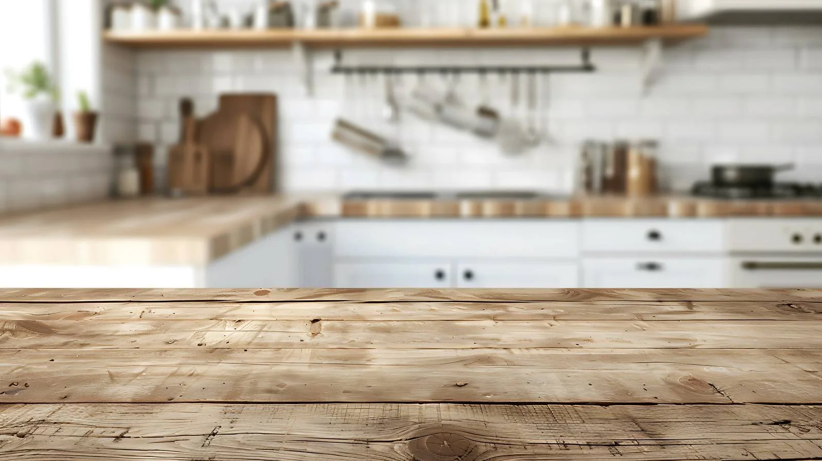 Vintage wooden table with kitchen backdrop — free download from Dotvec