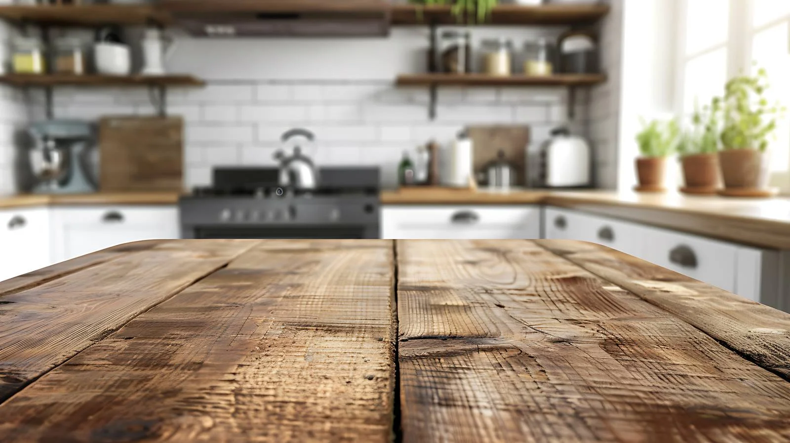 Vintage wooden table with kitchen backdrop — free download from Dotvec