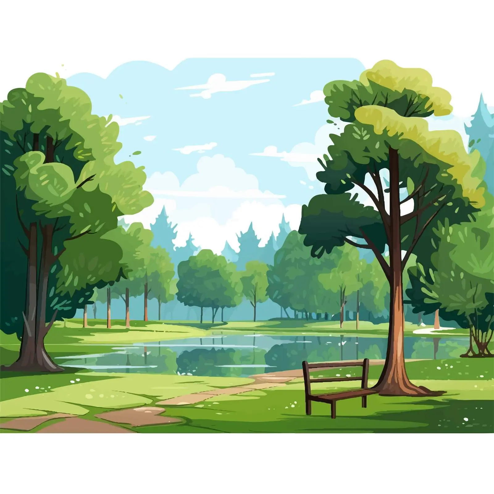 Serene Park Landscape with Trees and Pond Illustration – free gardens image from Dotvec