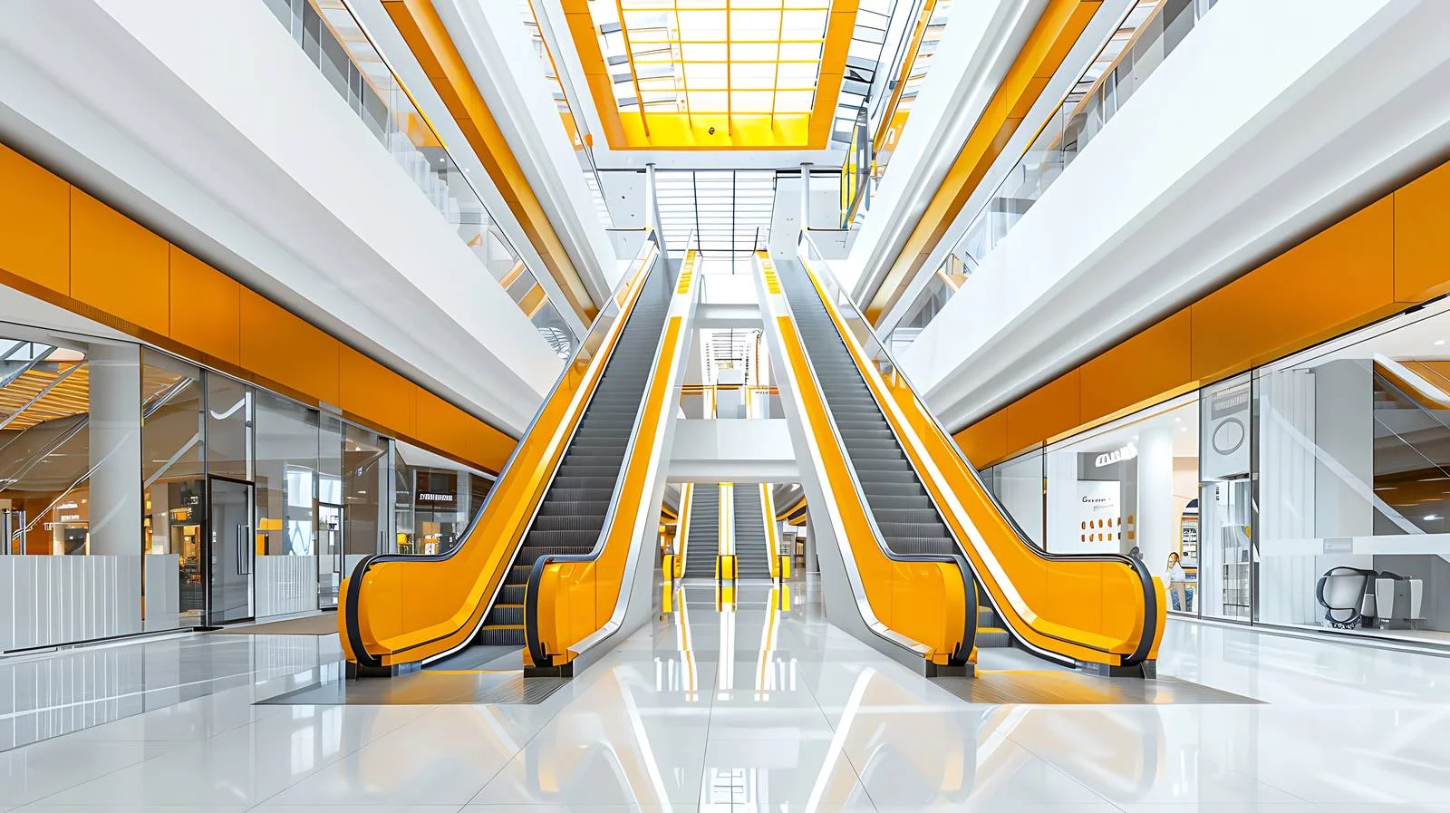 Deserted shopping mall with vibrant escalator — free download from Dotvec