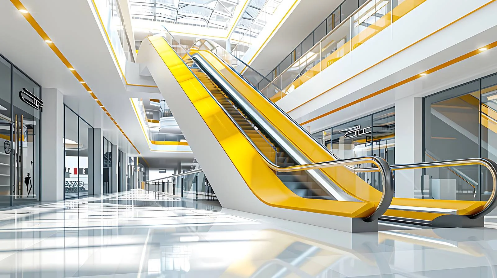 Deserted shopping centre with golden escalator — free download from Dotvec