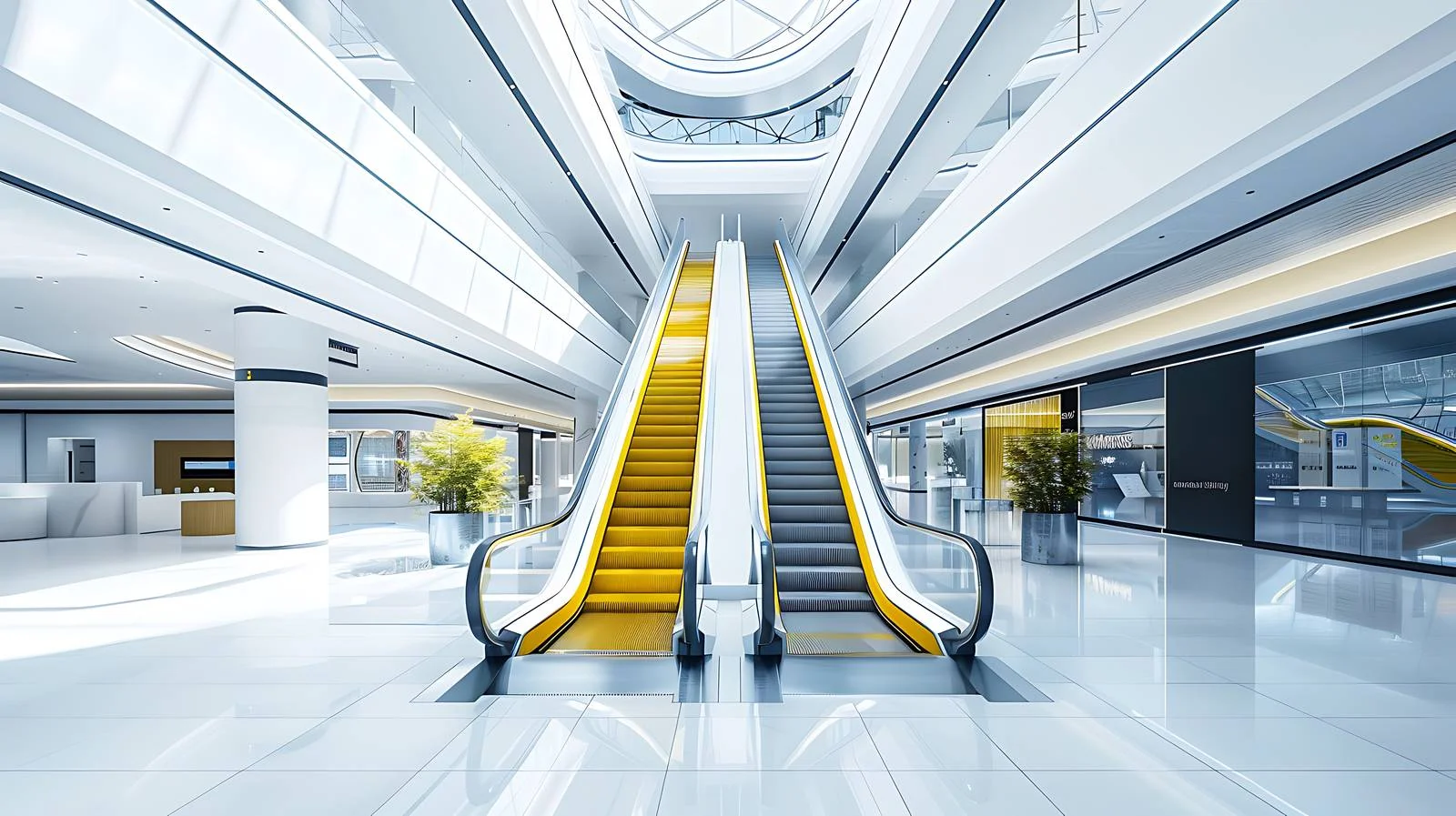 Deserted mall with vibrant escalator — free download from Dotvec