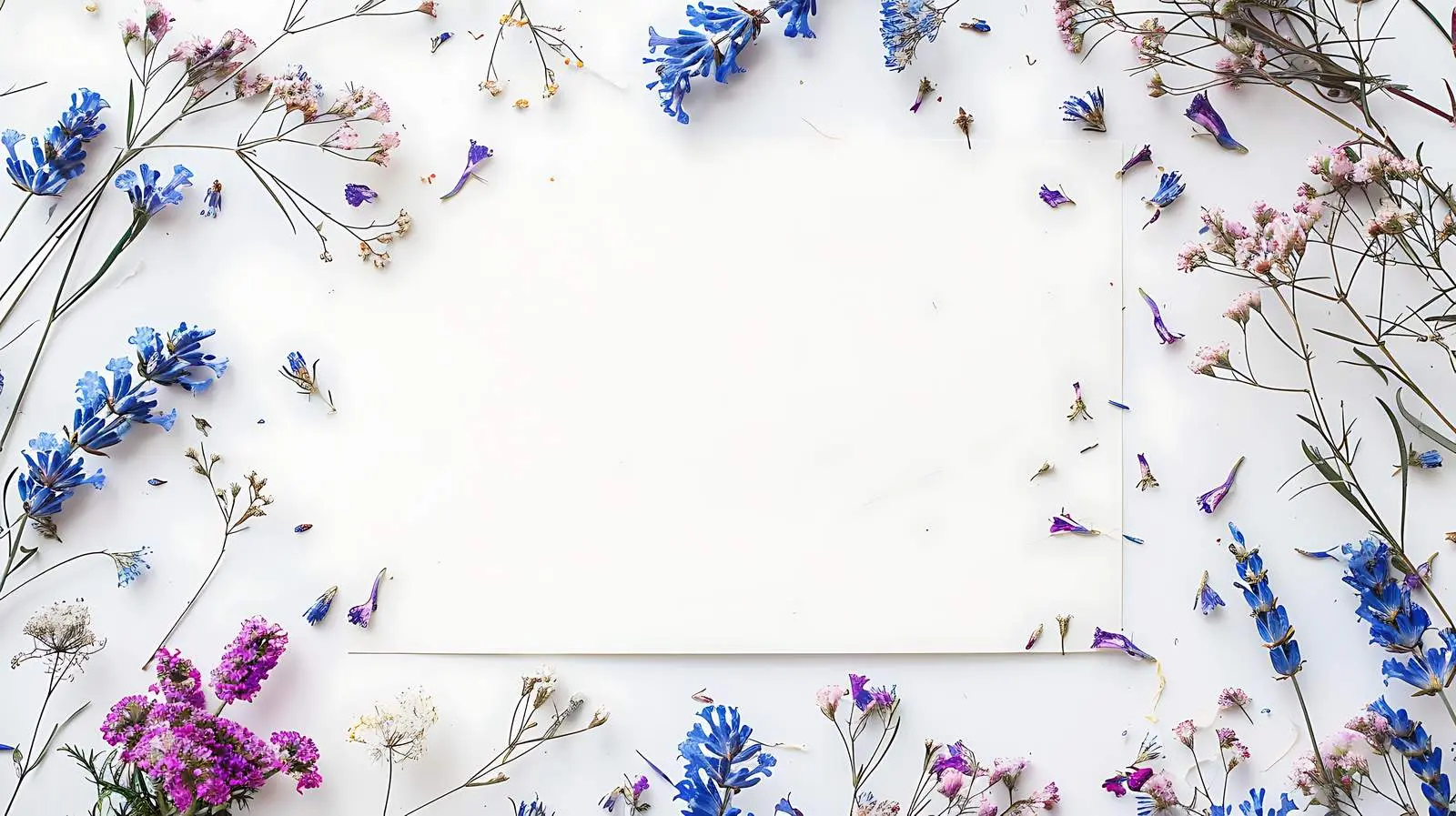Blank White Paper with Dried Blue and Purple Flowers – free calm image from Dotvec