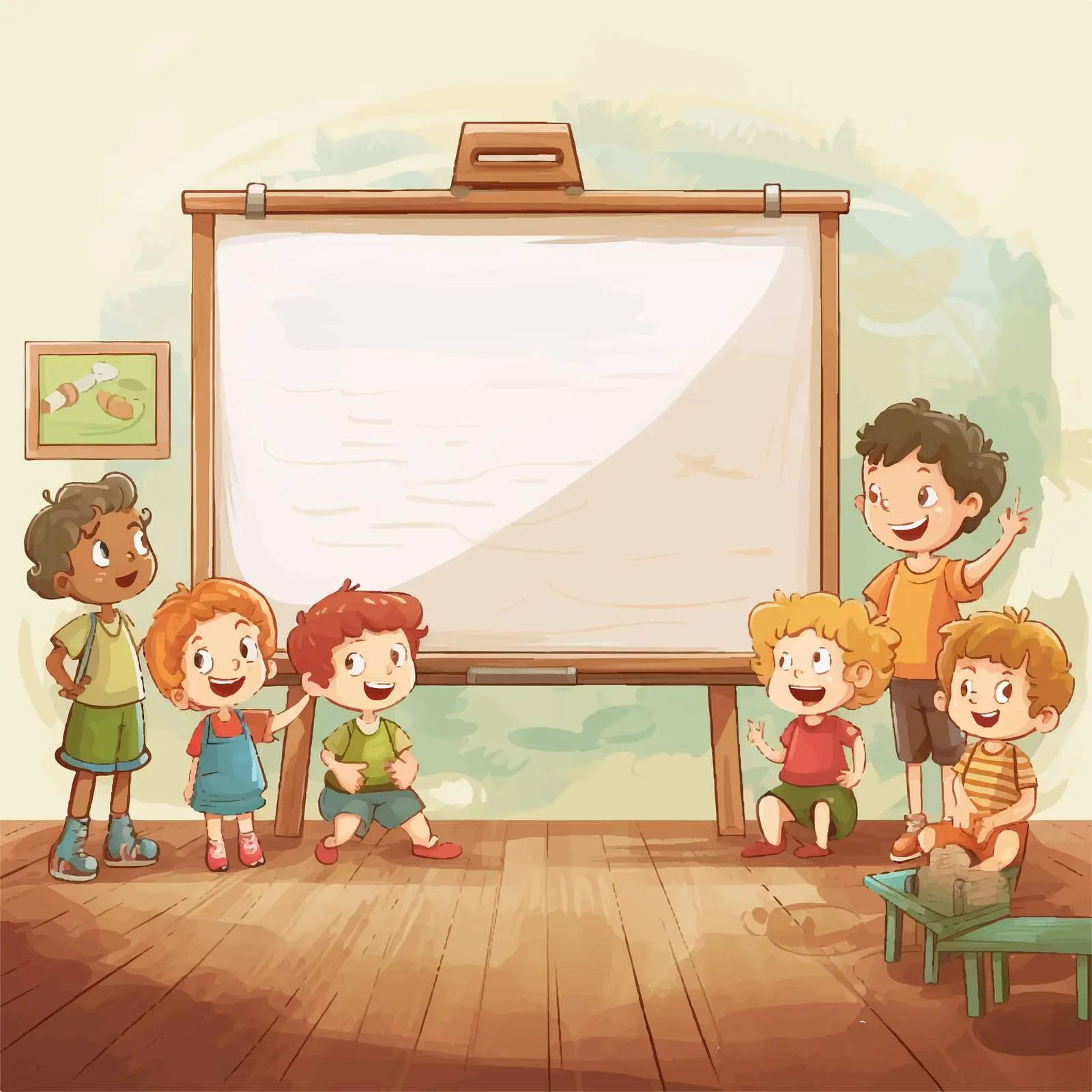 Wooden Board in Kid-Filled Living Room – free colorful drawings image from Dotvec