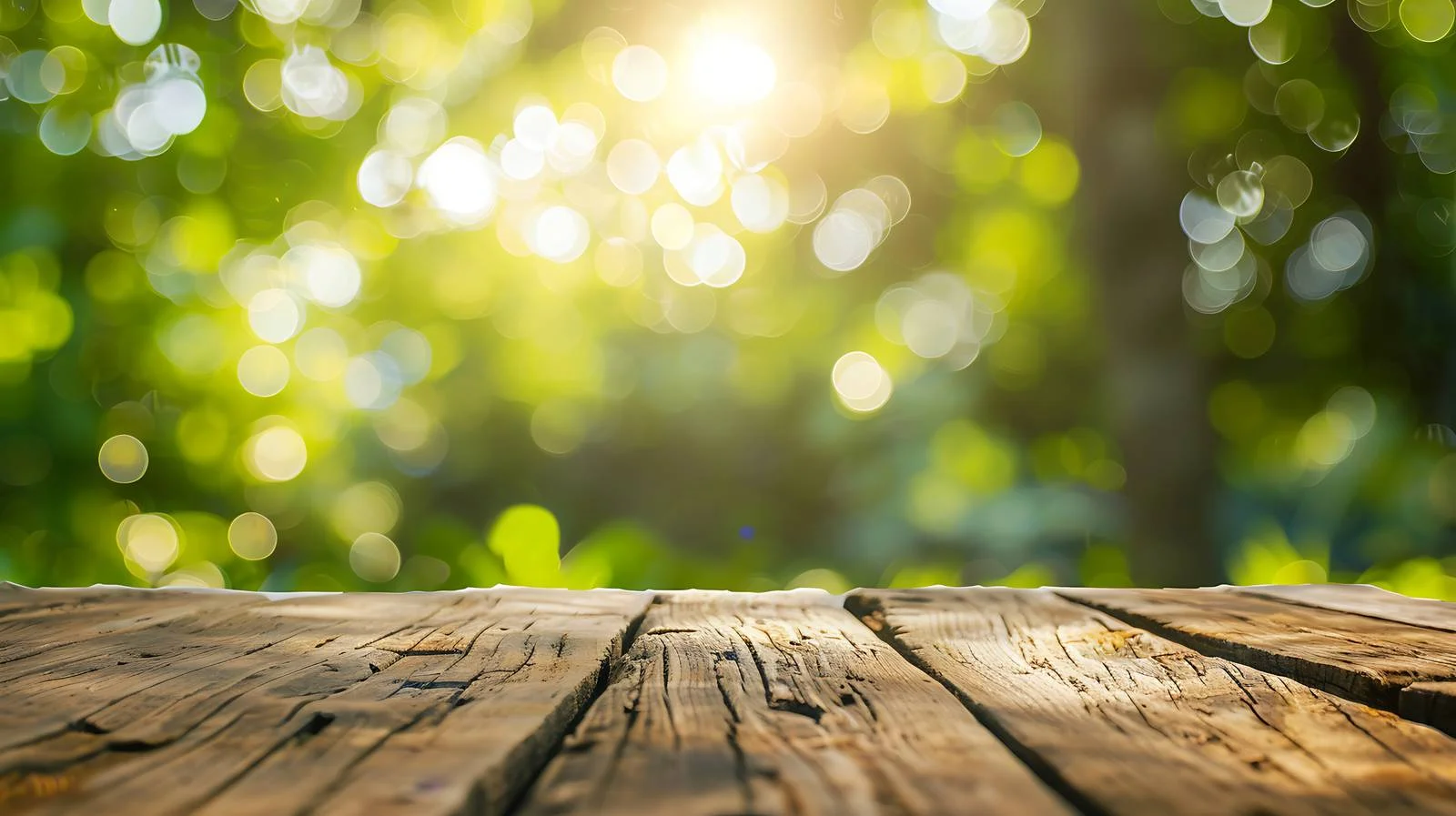 Fresh Green Bokeh on Wooden Table — free download from Dotvec