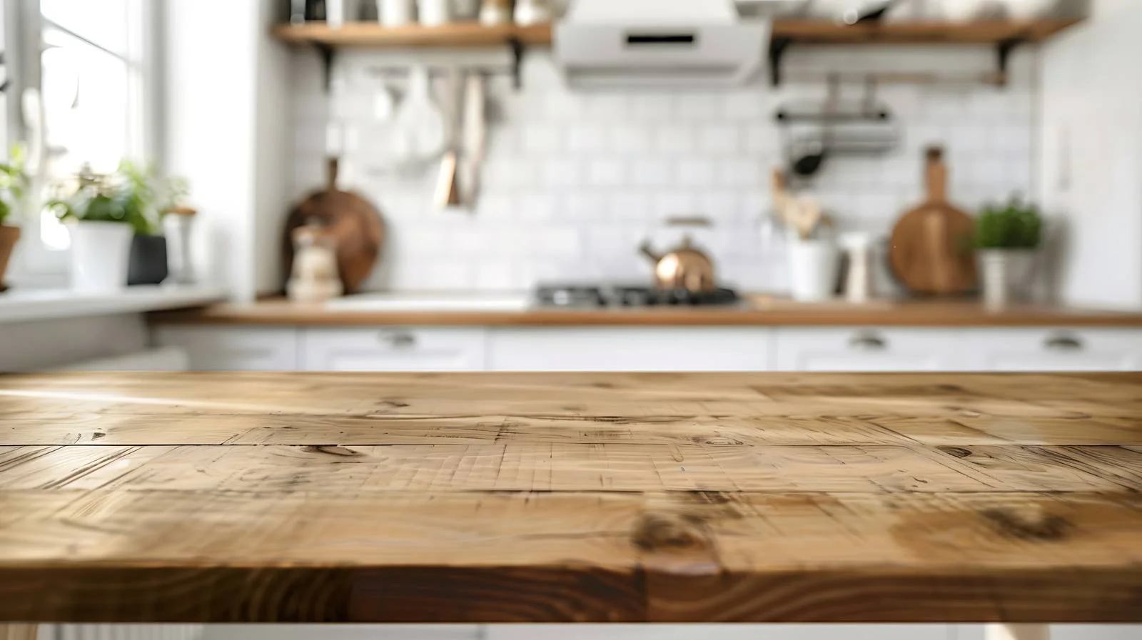 Minimalist Wooden Table with Kitchen Background — free download from Dotvec