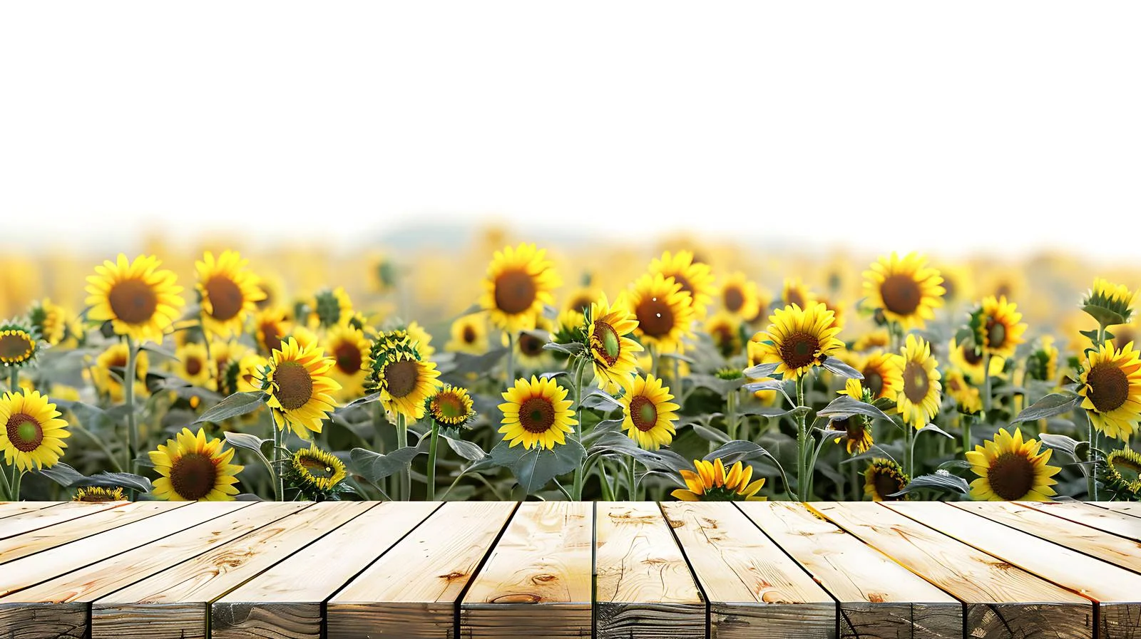 Rustic wooden table amidst sunflower field — free download from Dotvec